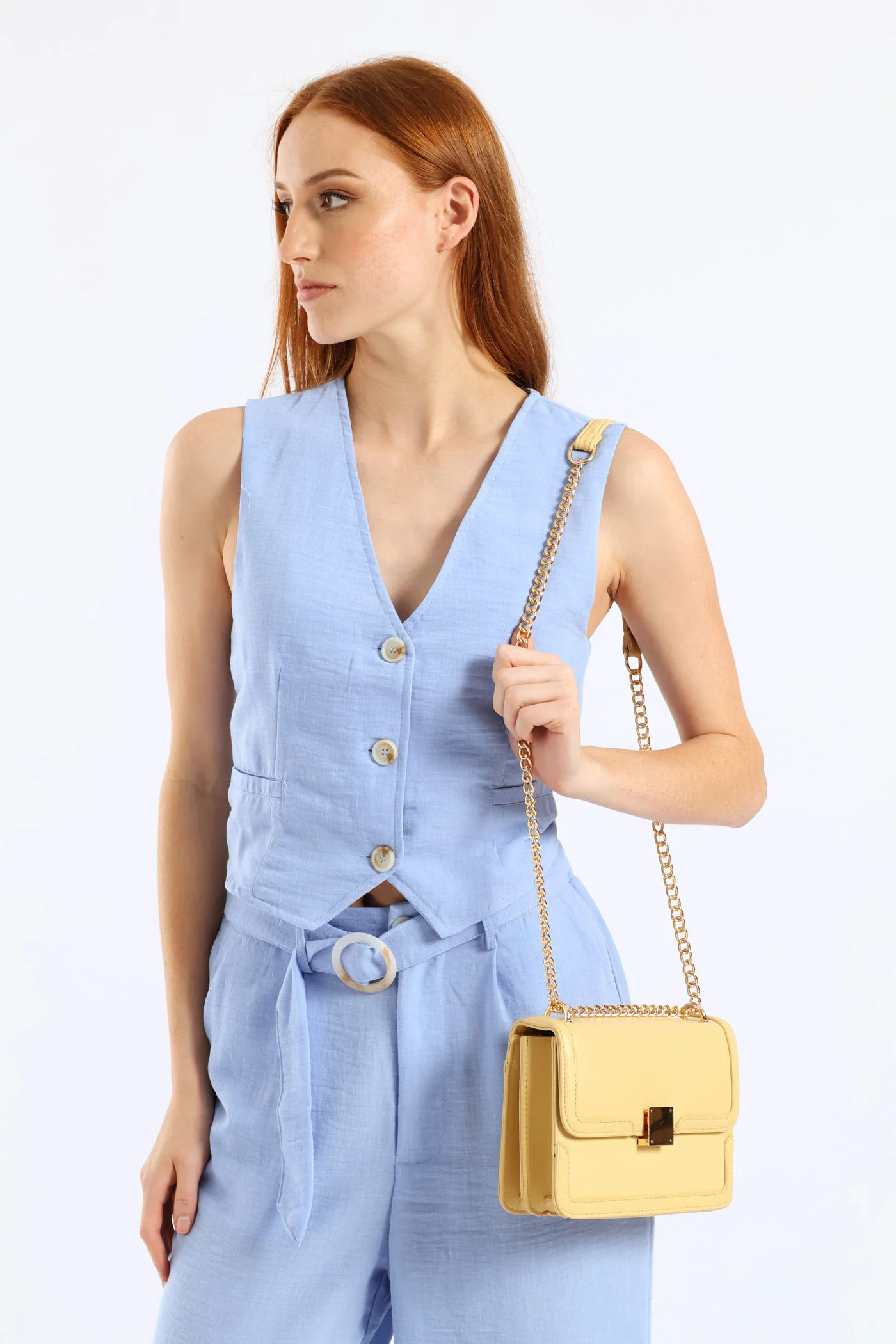 Gold Clasp & Chain Satchel Bag - Light Yellow - Image 3