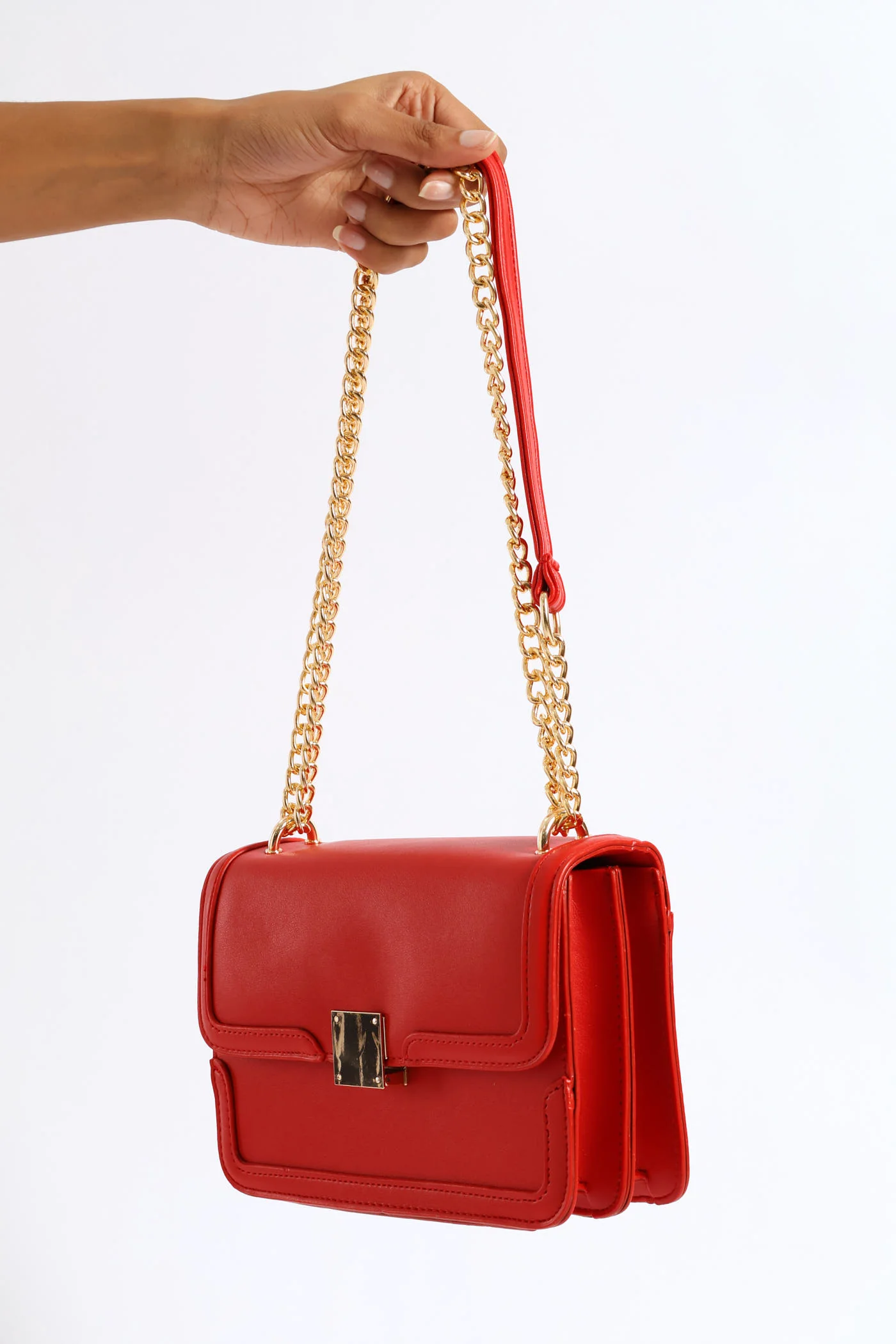 Gold Clasp & Chain Satchel Bag - Red - Image 3
