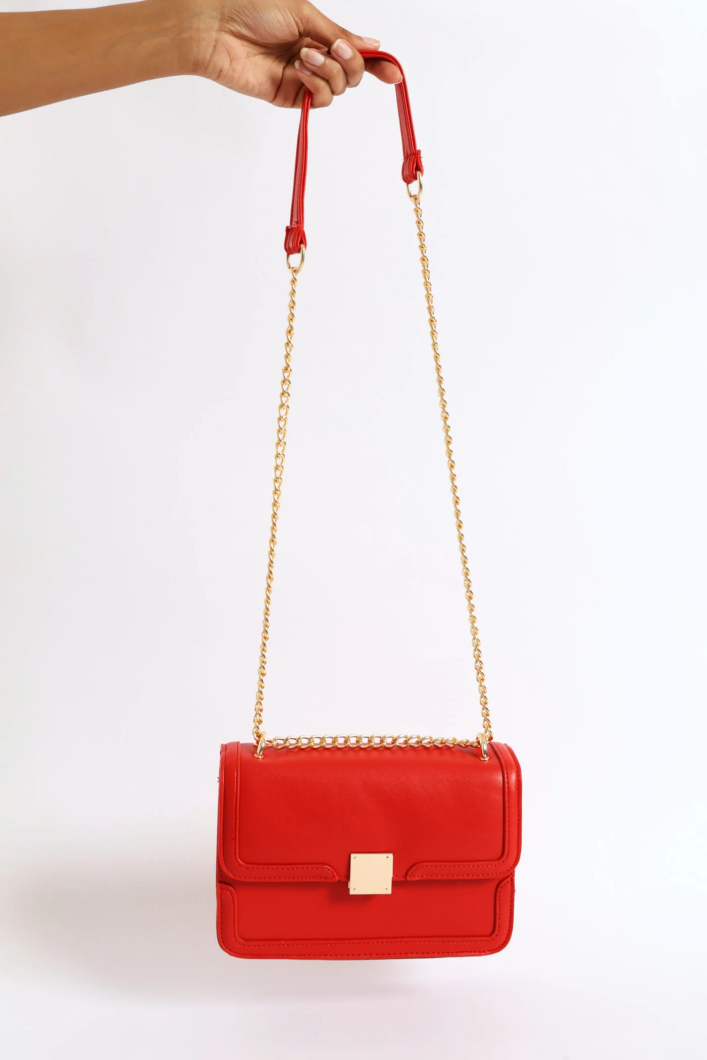 Gold Clasp & Chain Satchel Bag - Red - Image 5