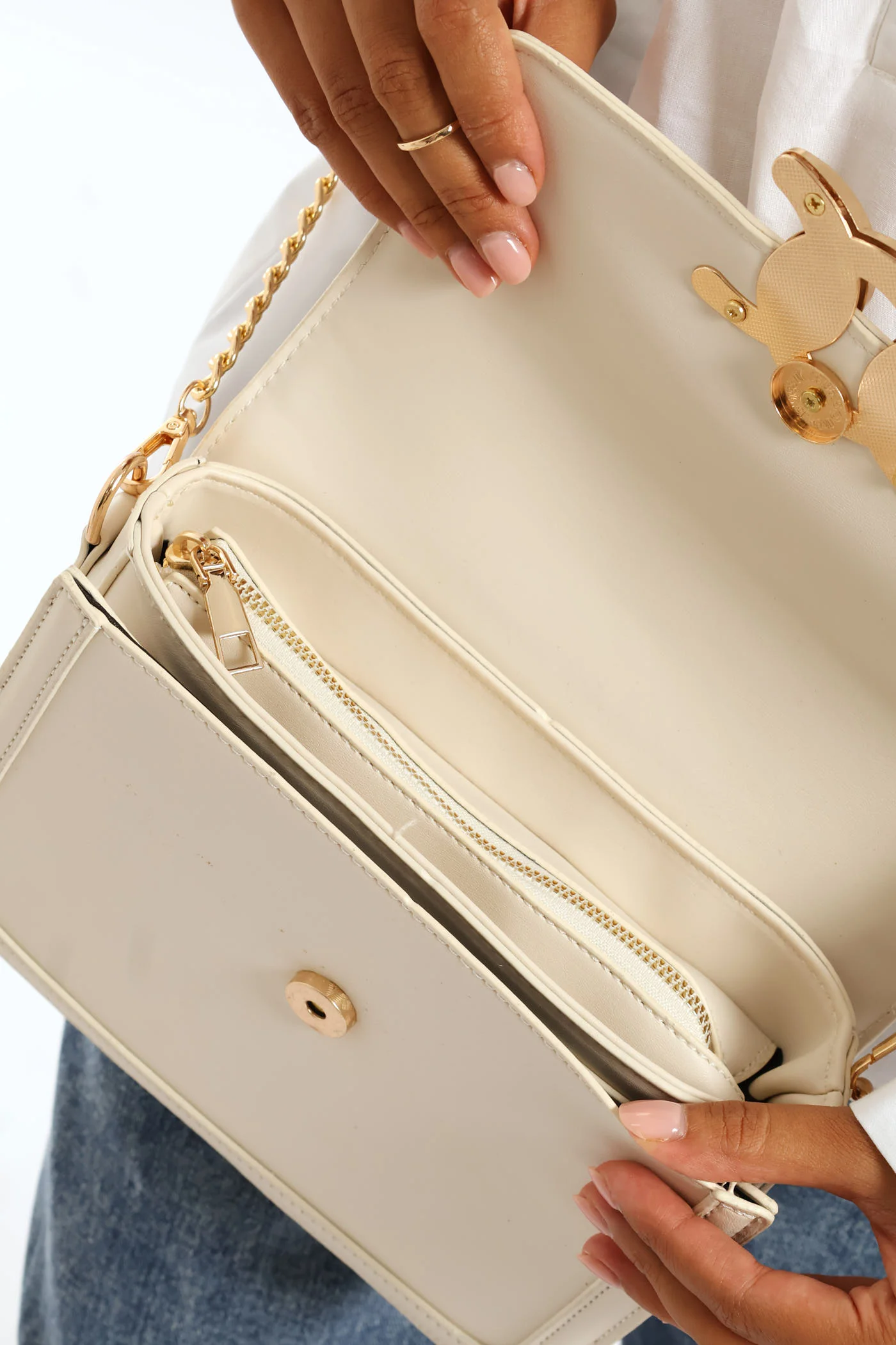Gold Clasp Satchel - Cream - Image 6