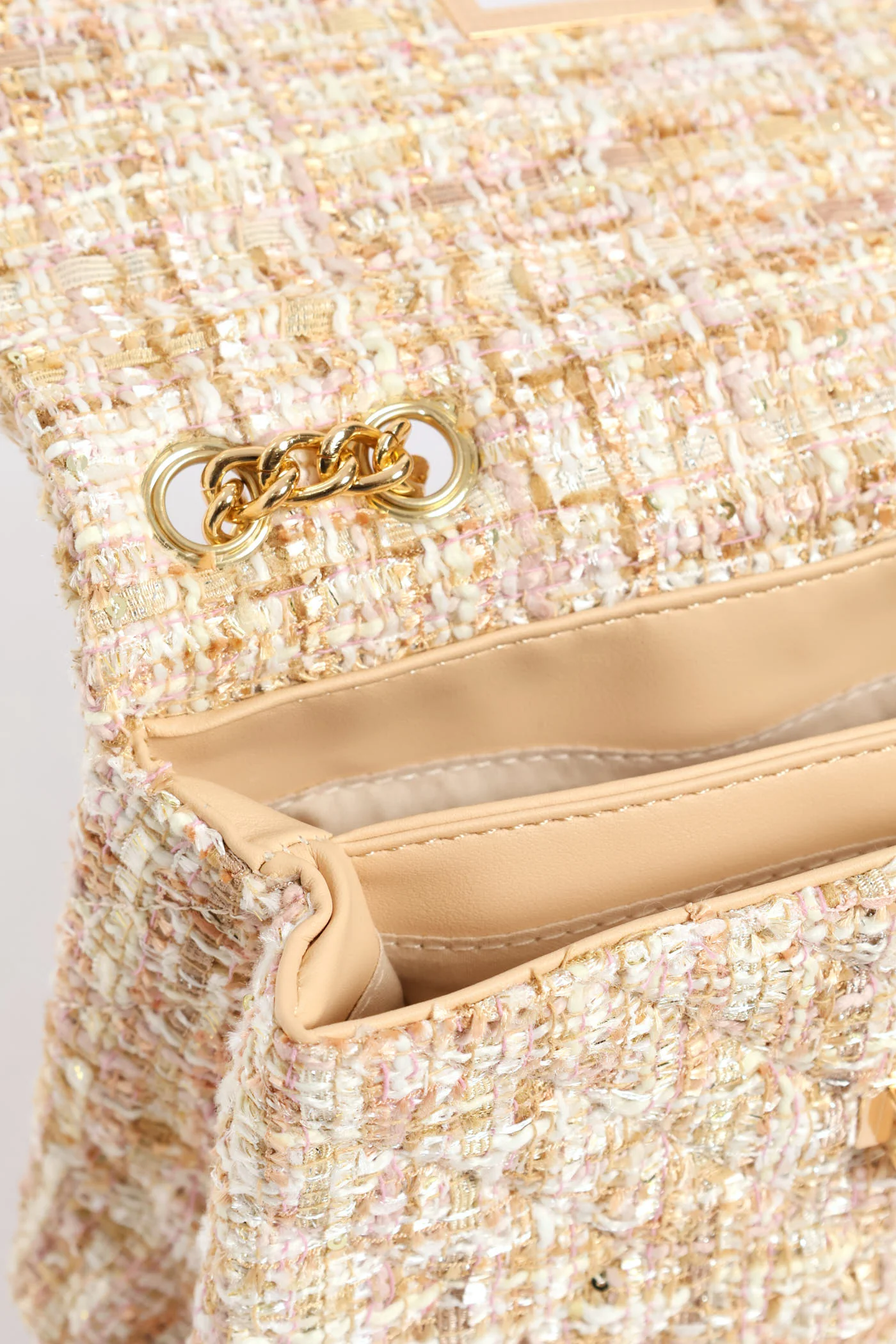 Gold Clasp Tweed Quilt Satchel Bag - Taupe - Image 2