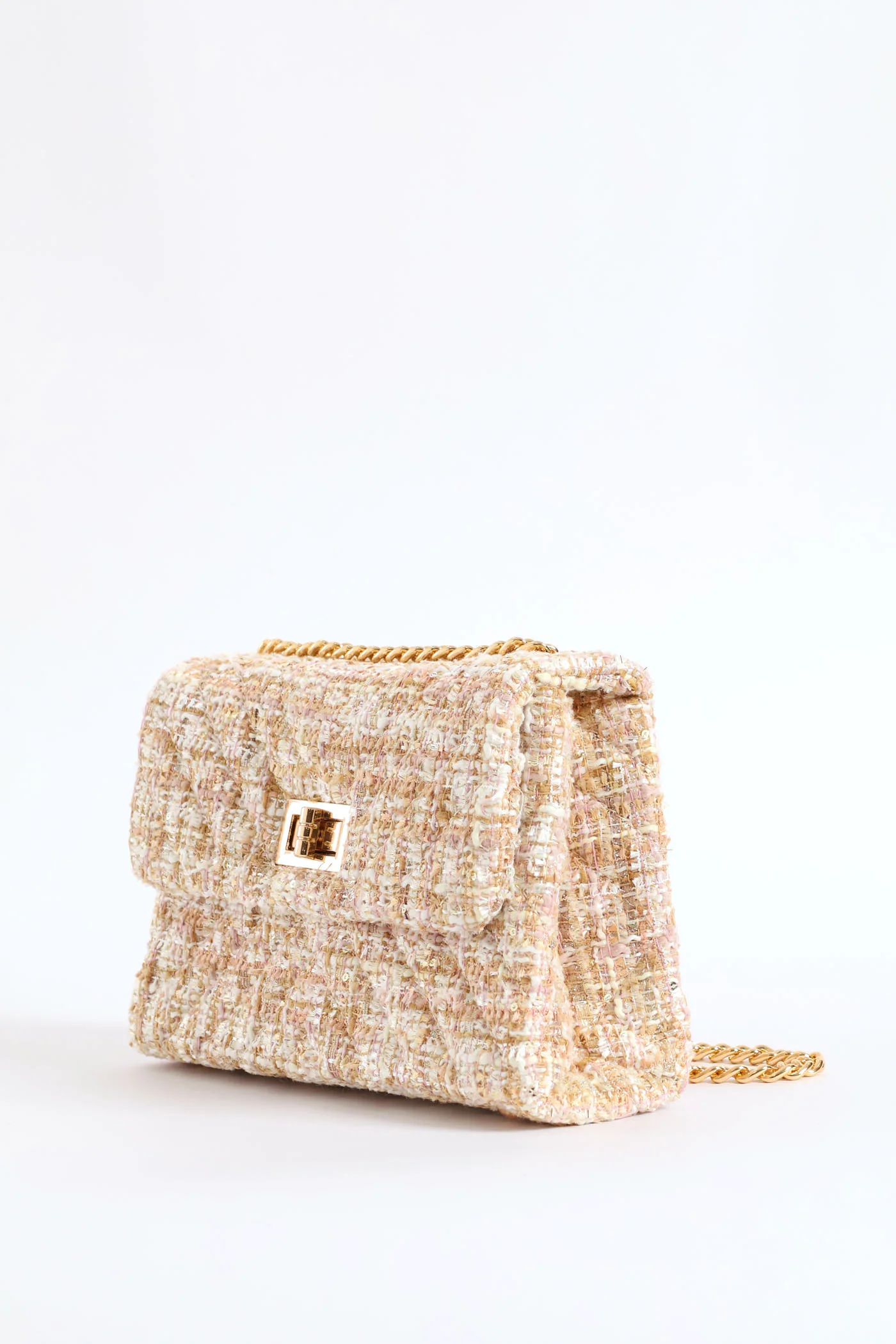 Gold Clasp Tweed Quilt Satchel Bag - Taupe - Image 3