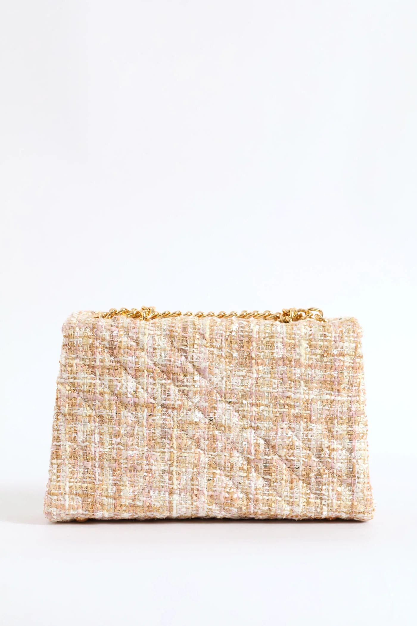 Gold Clasp Tweed Quilt Satchel Bag - Taupe - Image 4