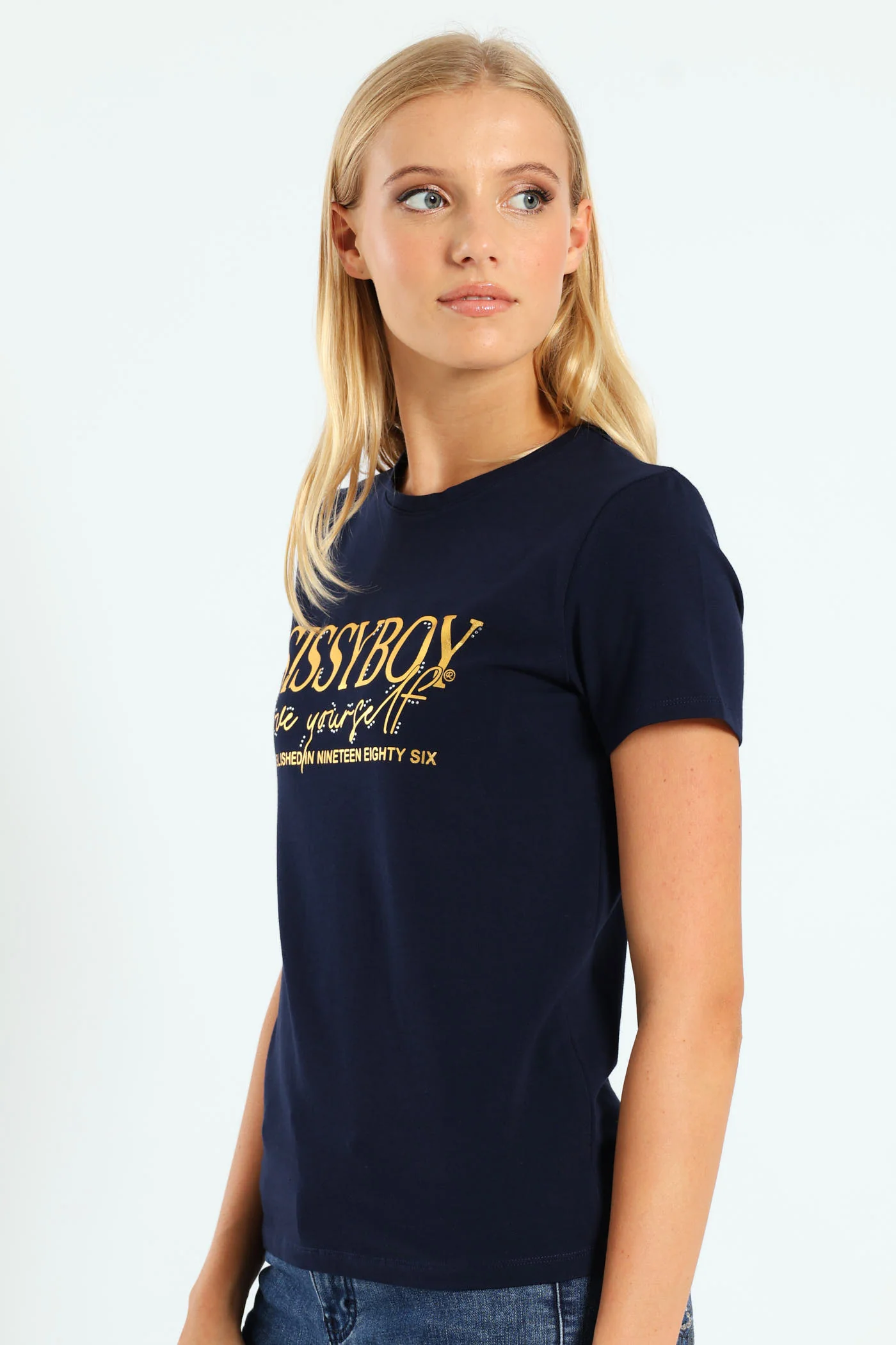 Gold Foil Print Tee With Diamante Transfers - Navy - Image 2