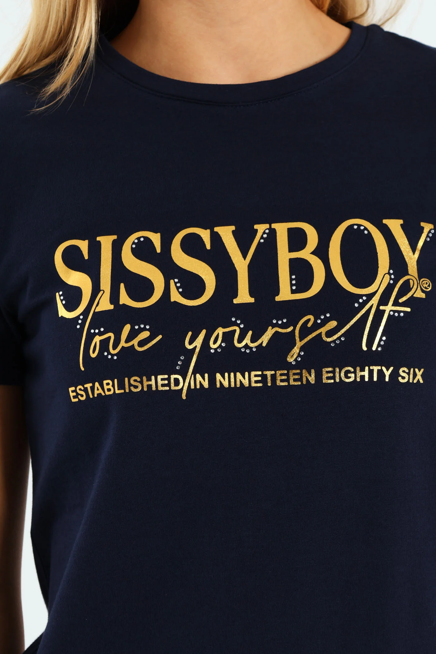 Gold Foil Print Tee With Diamante Transfers - Navy - Image 4