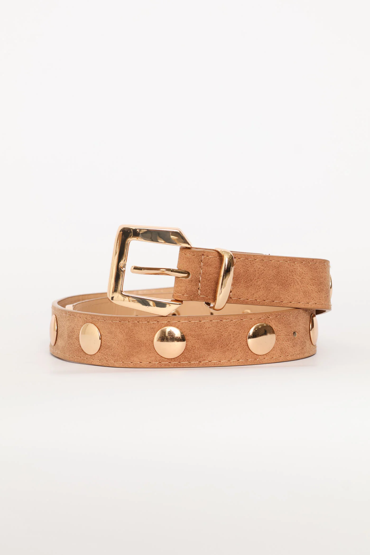 Gold Stud Faux 3 cm Suede Belt - Tan - Image 2