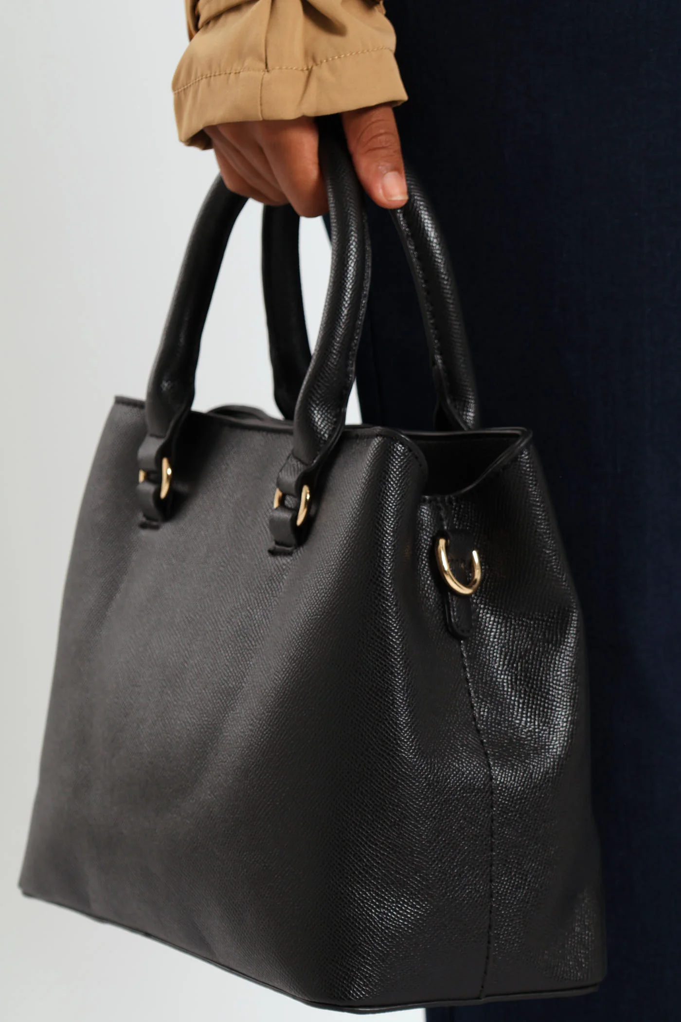 Gold Trim Multi Compartment Tote Bag - Black - Image 3