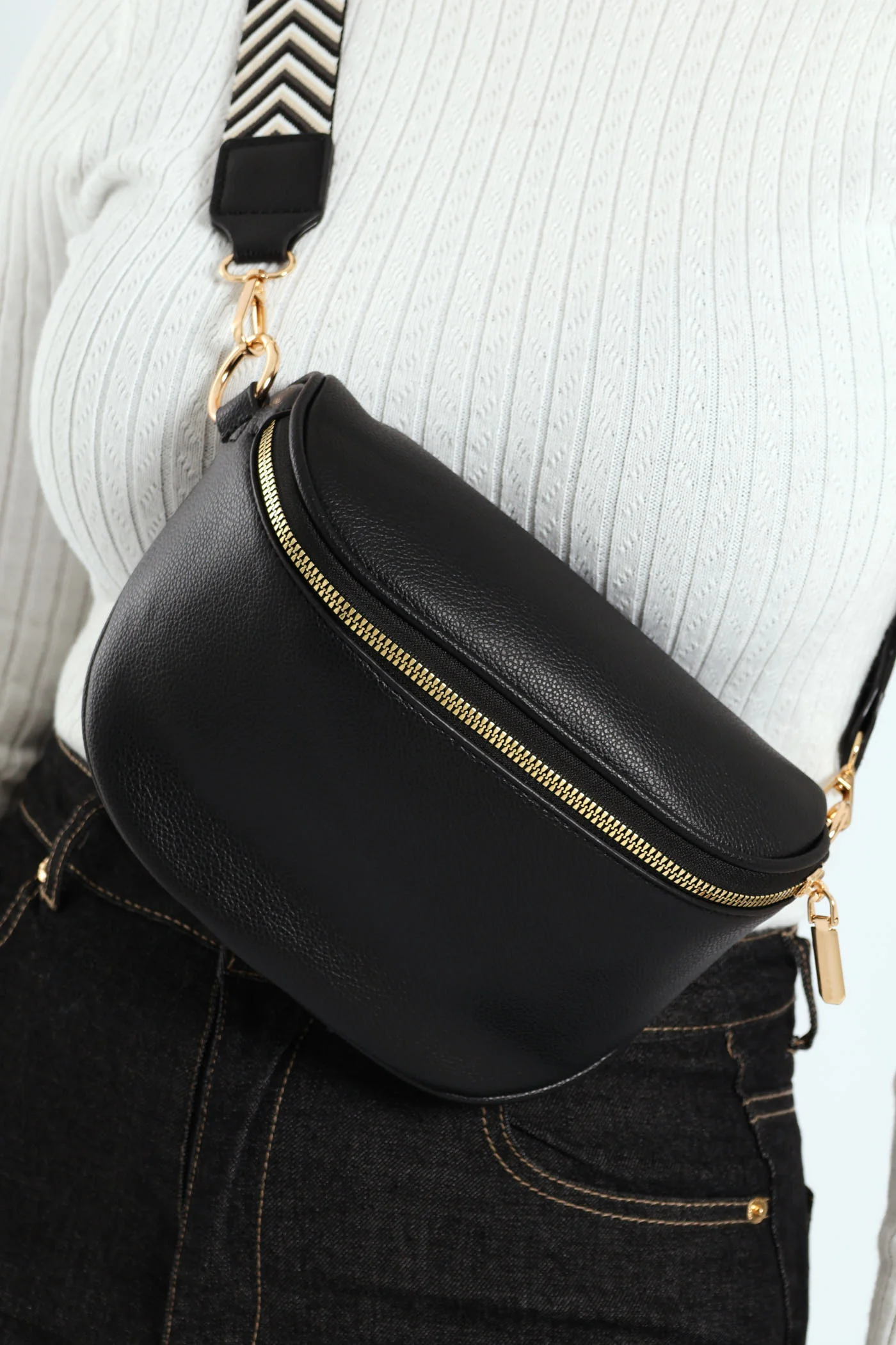 Gold Zip Moon Bag - Black - Image 2