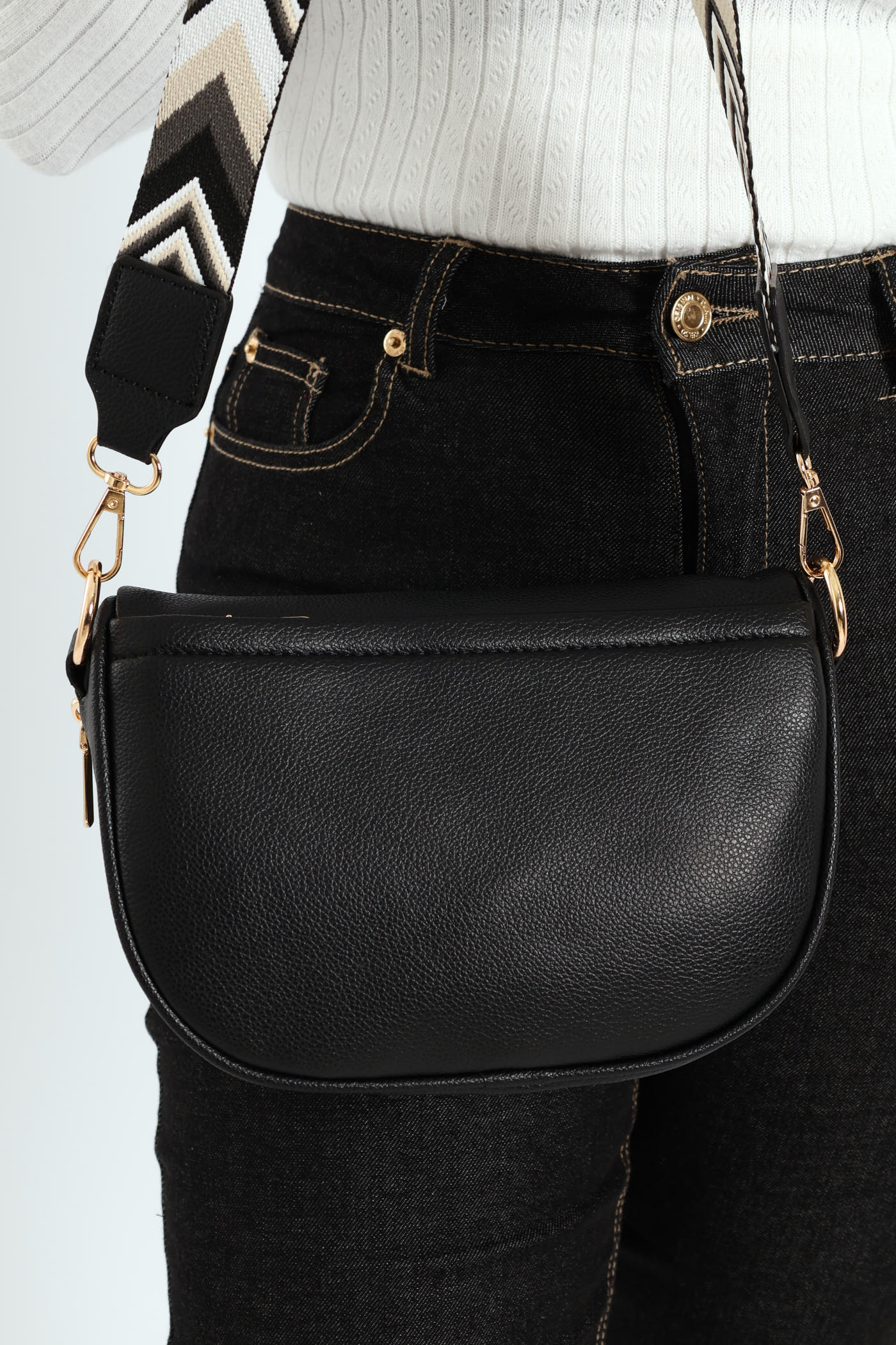 Gold Zip Moon Bag - Black - Image 3