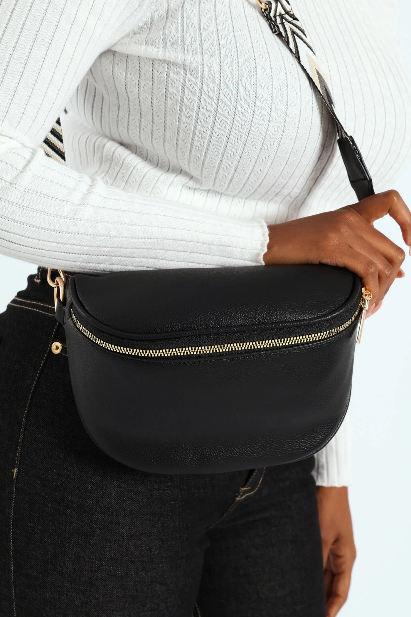 Gold Zip Moon Bag - Black - Image 4