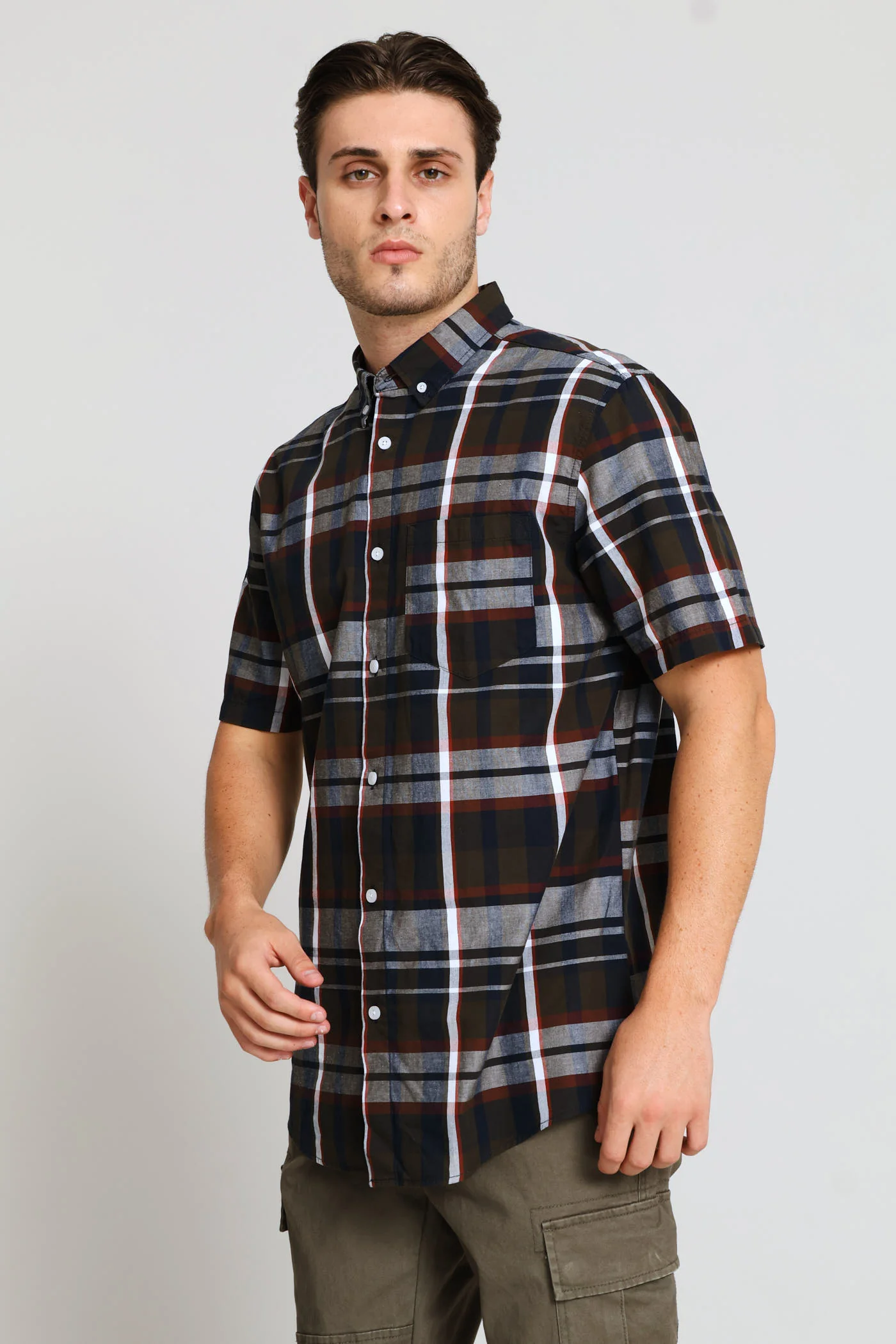 Golden Rooibos Button Down Check Shirt - Fatigue/Navy/Red - Image 3