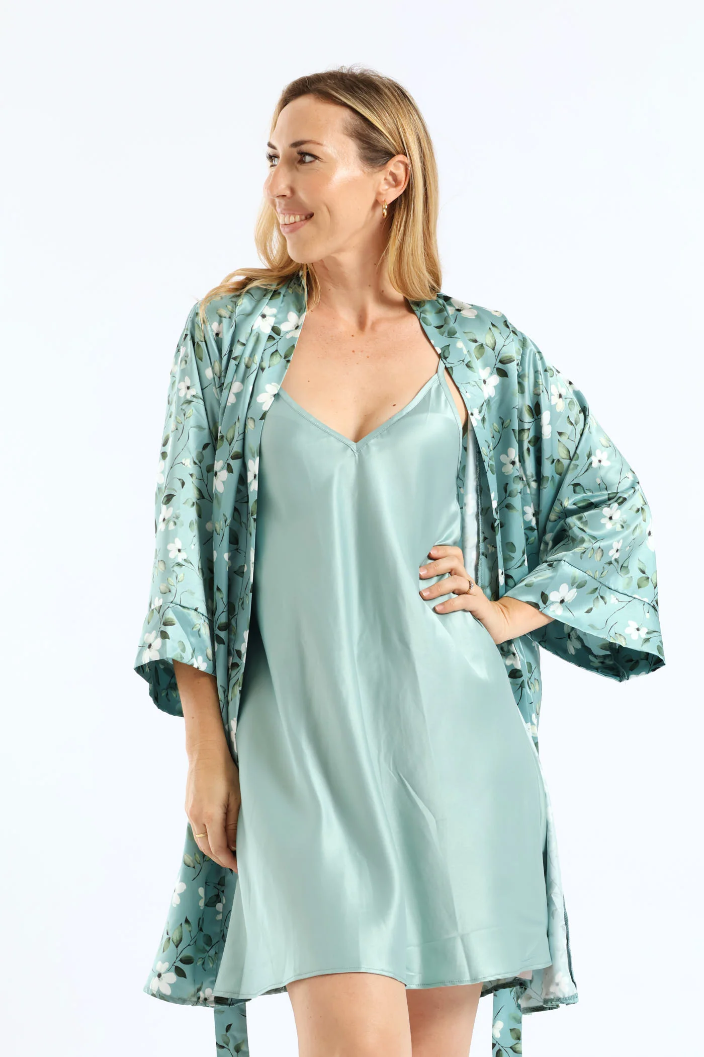 Gown & Chemise Floral Satin Set - Duck Egg - Image 2