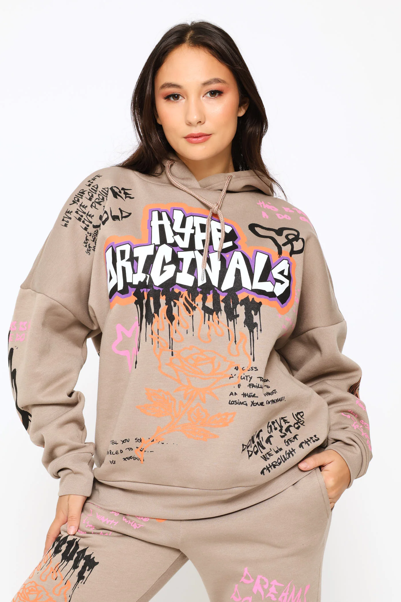 Graph Printed Oversized Hoody - Mocha - Image 2