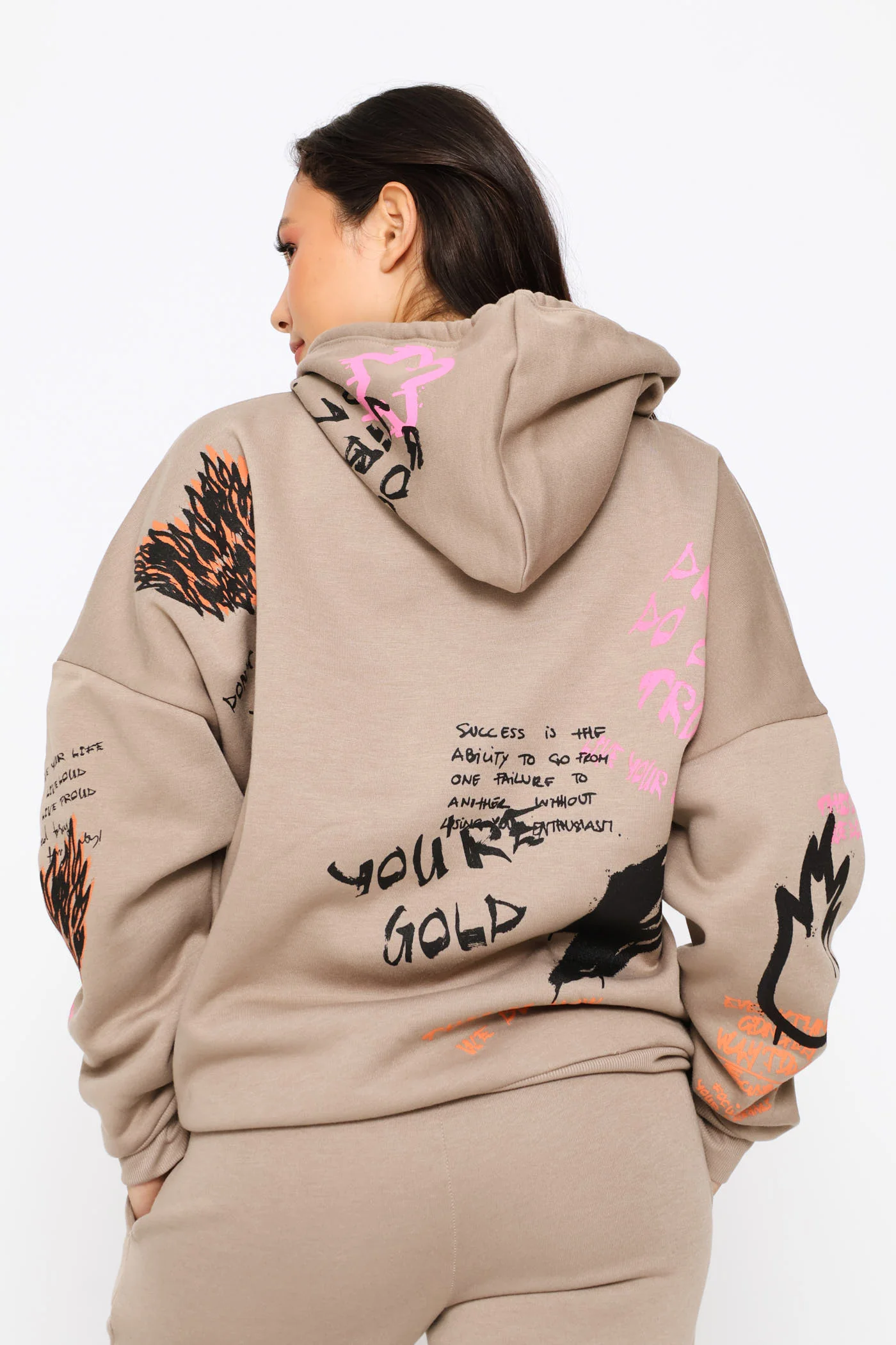 Graph Printed Oversized Hoody - Mocha - Image 4