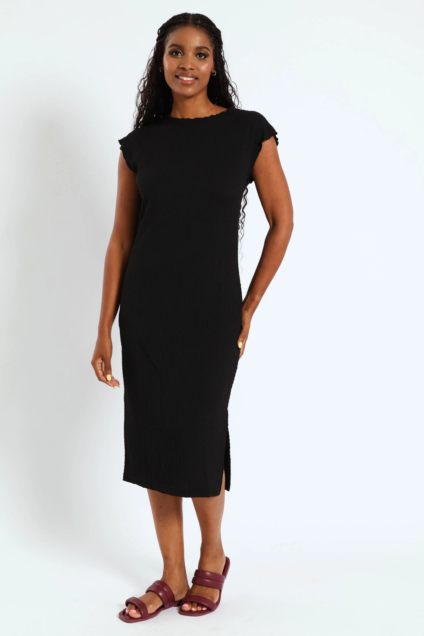 Grown On Sleeve Side Slit Coloumn Midaxi Dress - Black - Image 4