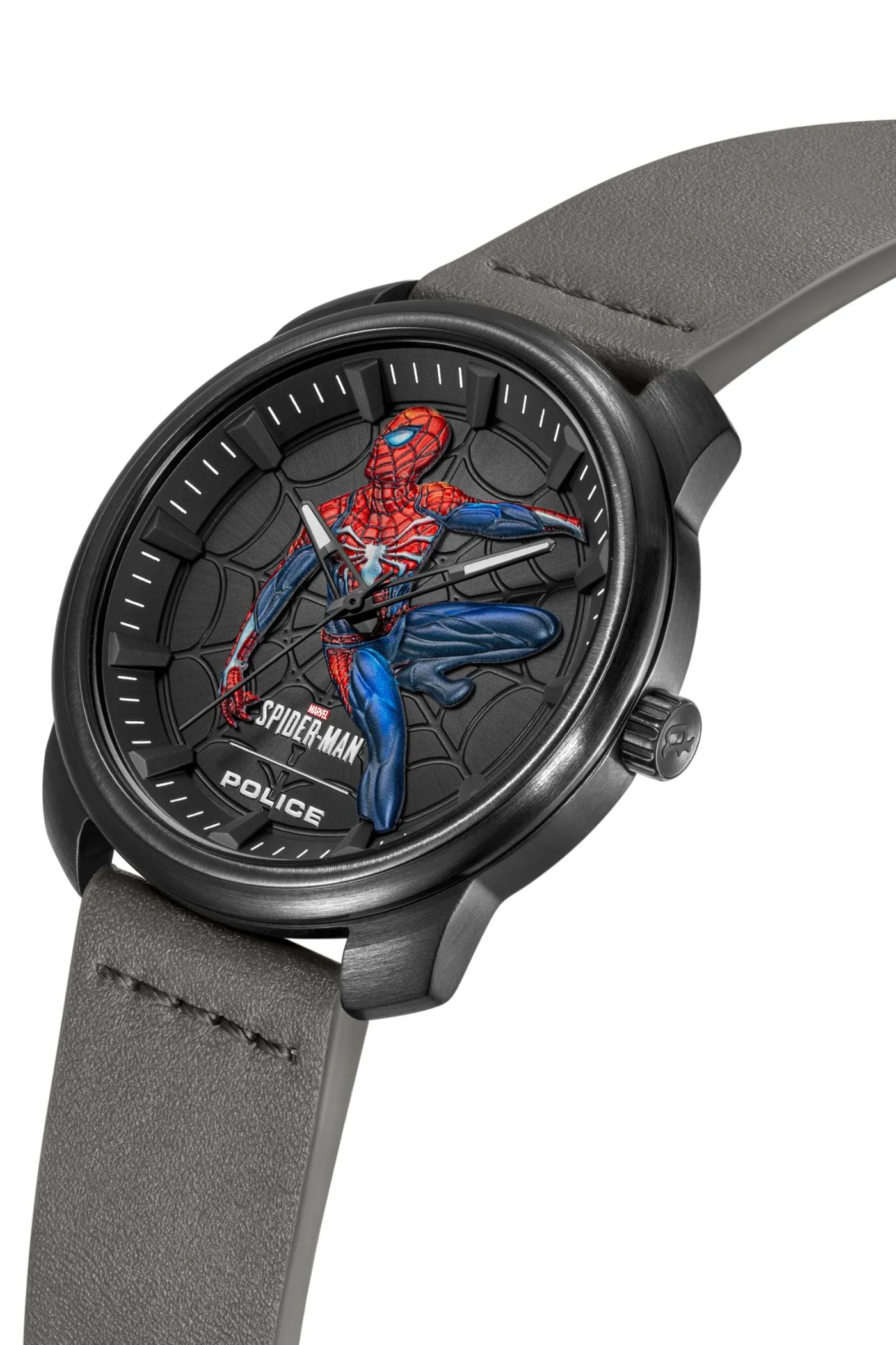 Gunmetal Case & Dial 3D Spiderman Grey Leather Watch - Black - Image 2