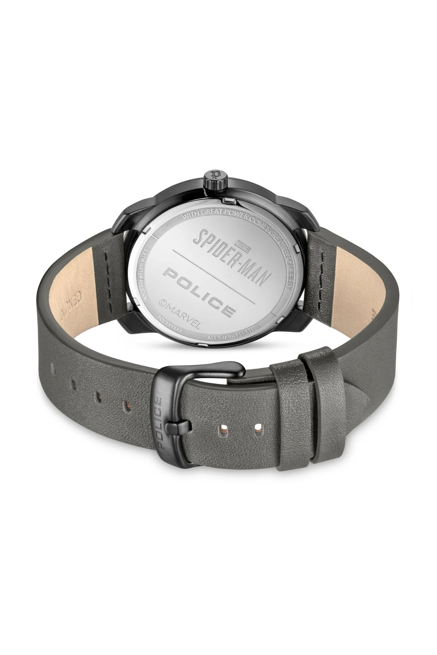 Gunmetal Case & Dial 3D Spiderman Grey Leather Watch - Black - Image 3