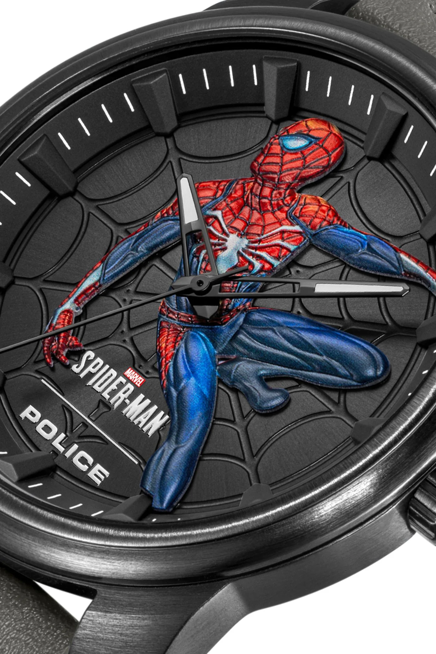 Gunmetal Case & Dial 3D Spiderman Grey Leather Watch - Black - Image 4