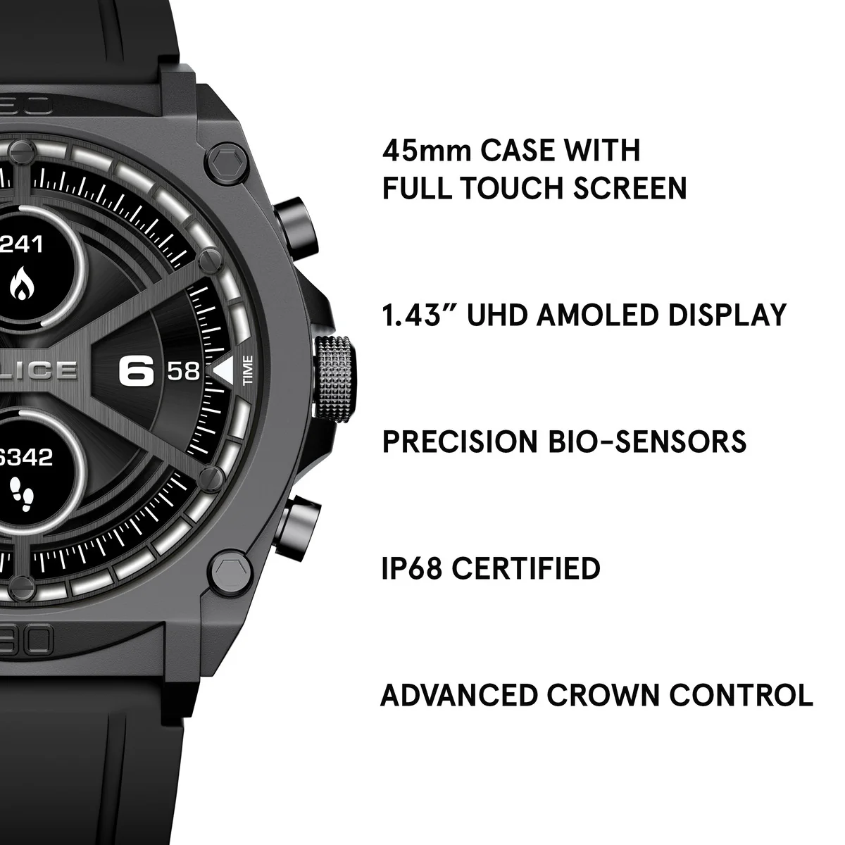 Gunmetal Case & LED Screen Smart Watch With Rubber Strap - Black - Image 3