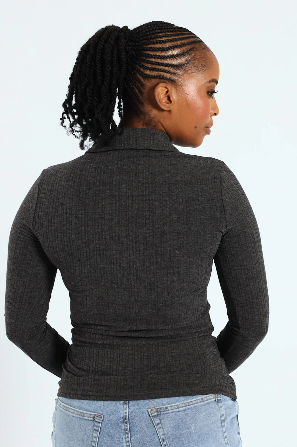 Half Placket Button Detail Rib Golfer Tee - Grey Melange - Image 3