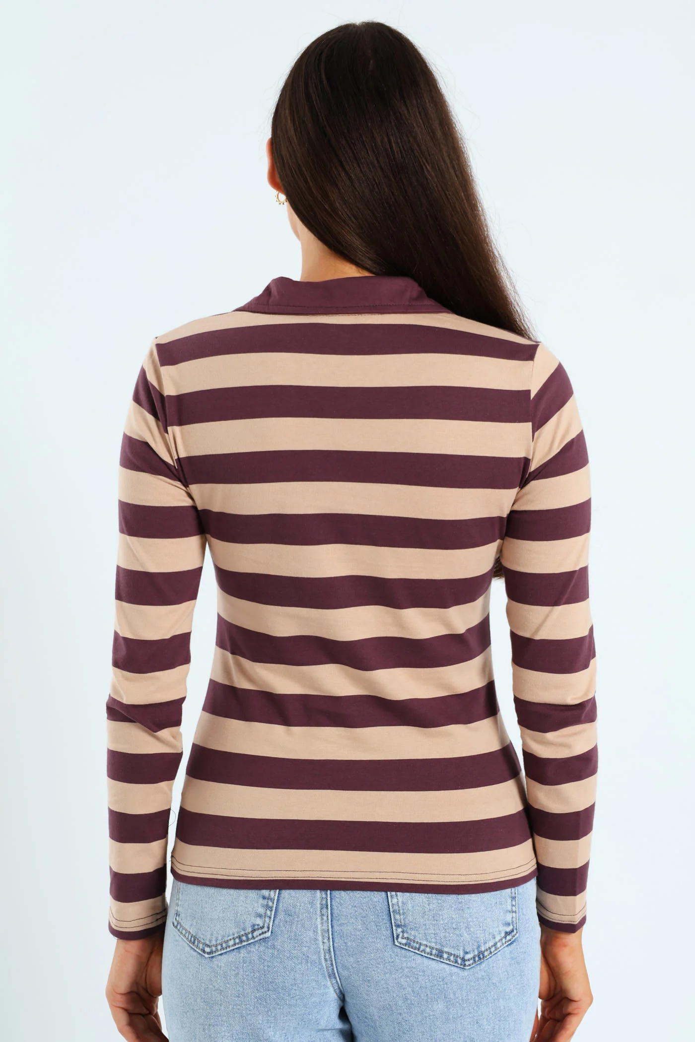 Half Placket Collared Stripe Rugby Top - Burgundy/Brown - Image 3