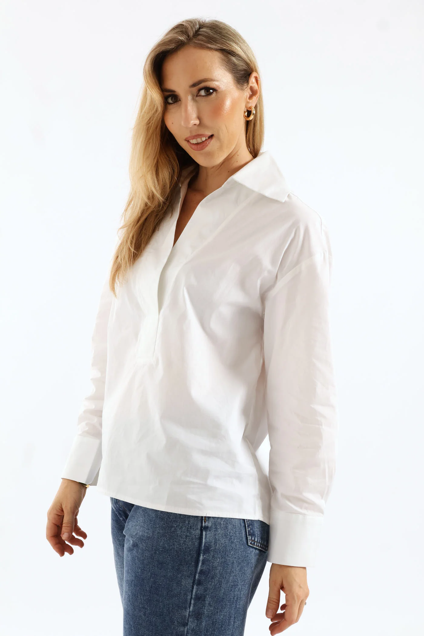 Half Placket Cutaway Popover Poplin Shirt - White - Image 4