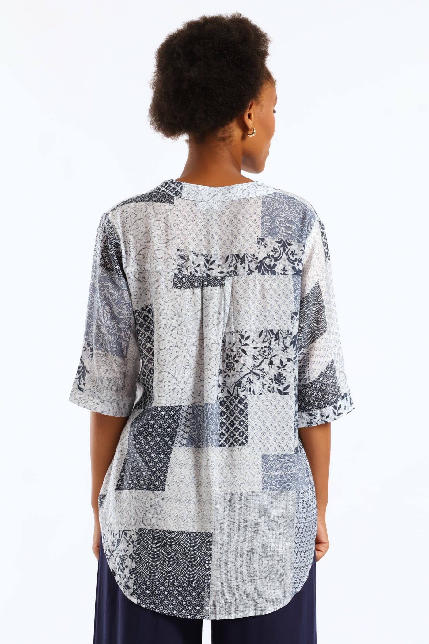 Half Placket Half Sleeve Patchwork Sheer Blouse - Multi - Image 2