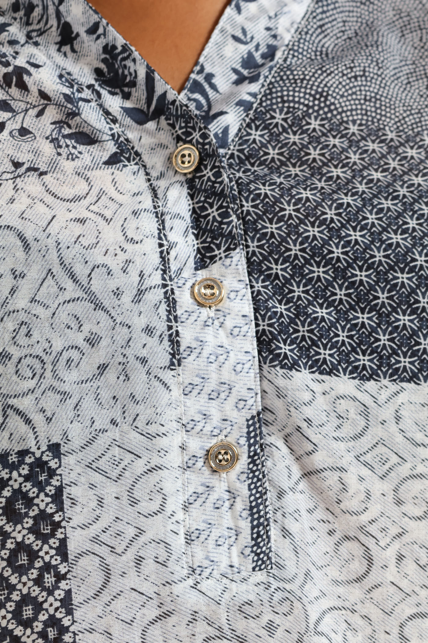 Half Placket Half Sleeve Patchwork Sheer Blouse - Multi - Image 3