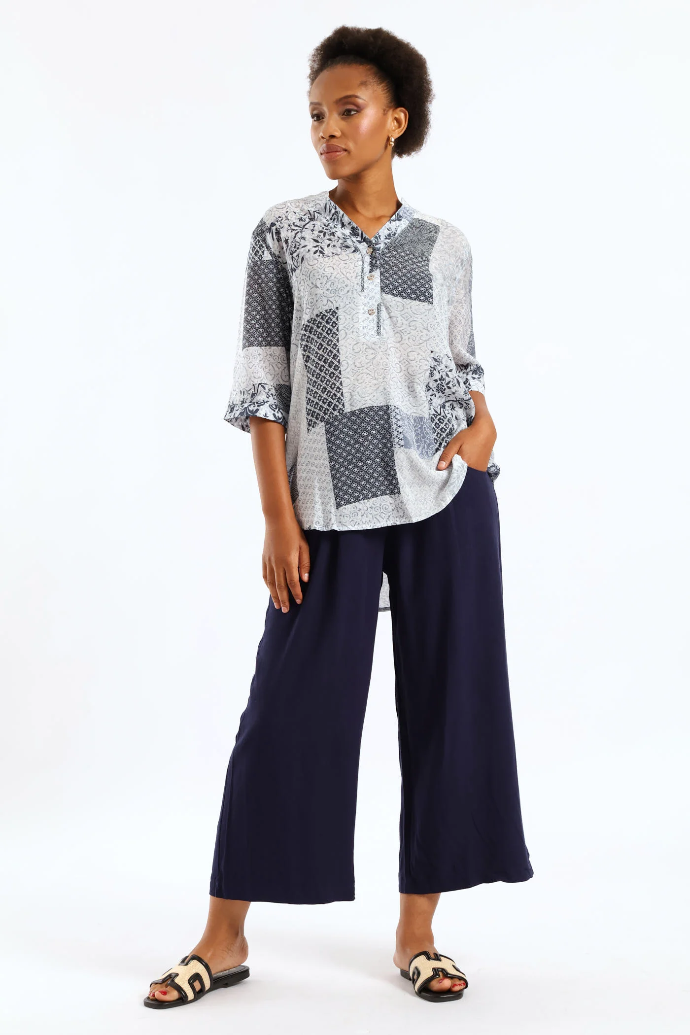 Half Placket Half Sleeve Patchwork Sheer Blouse - Multi - Image 4