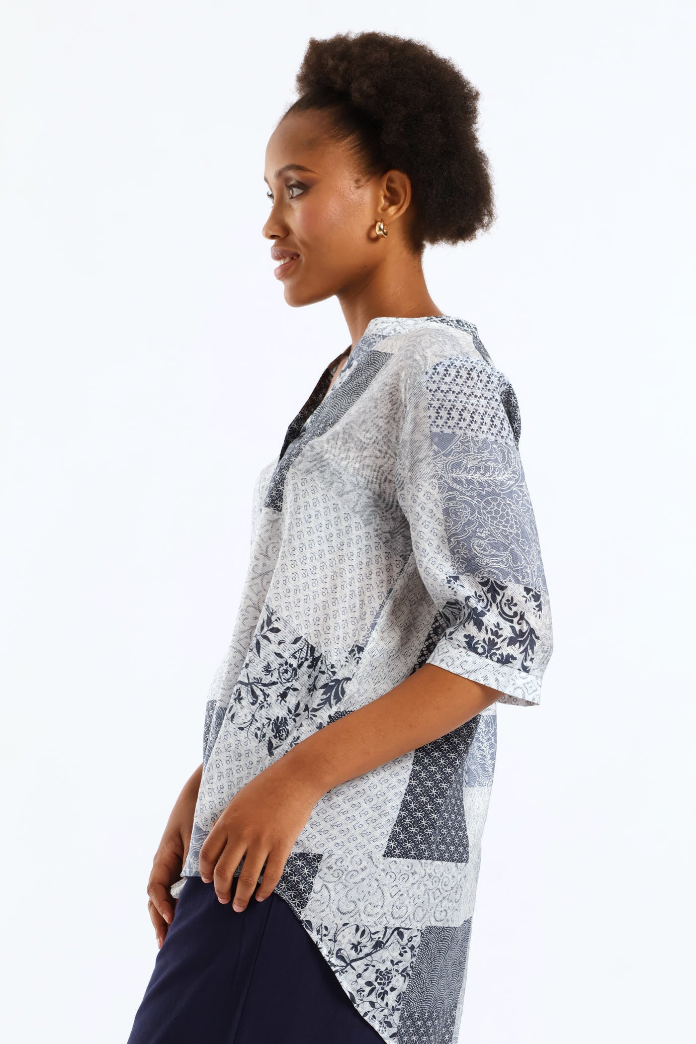 Half Placket Half Sleeve Patchwork Sheer Blouse - Multi - Image 5