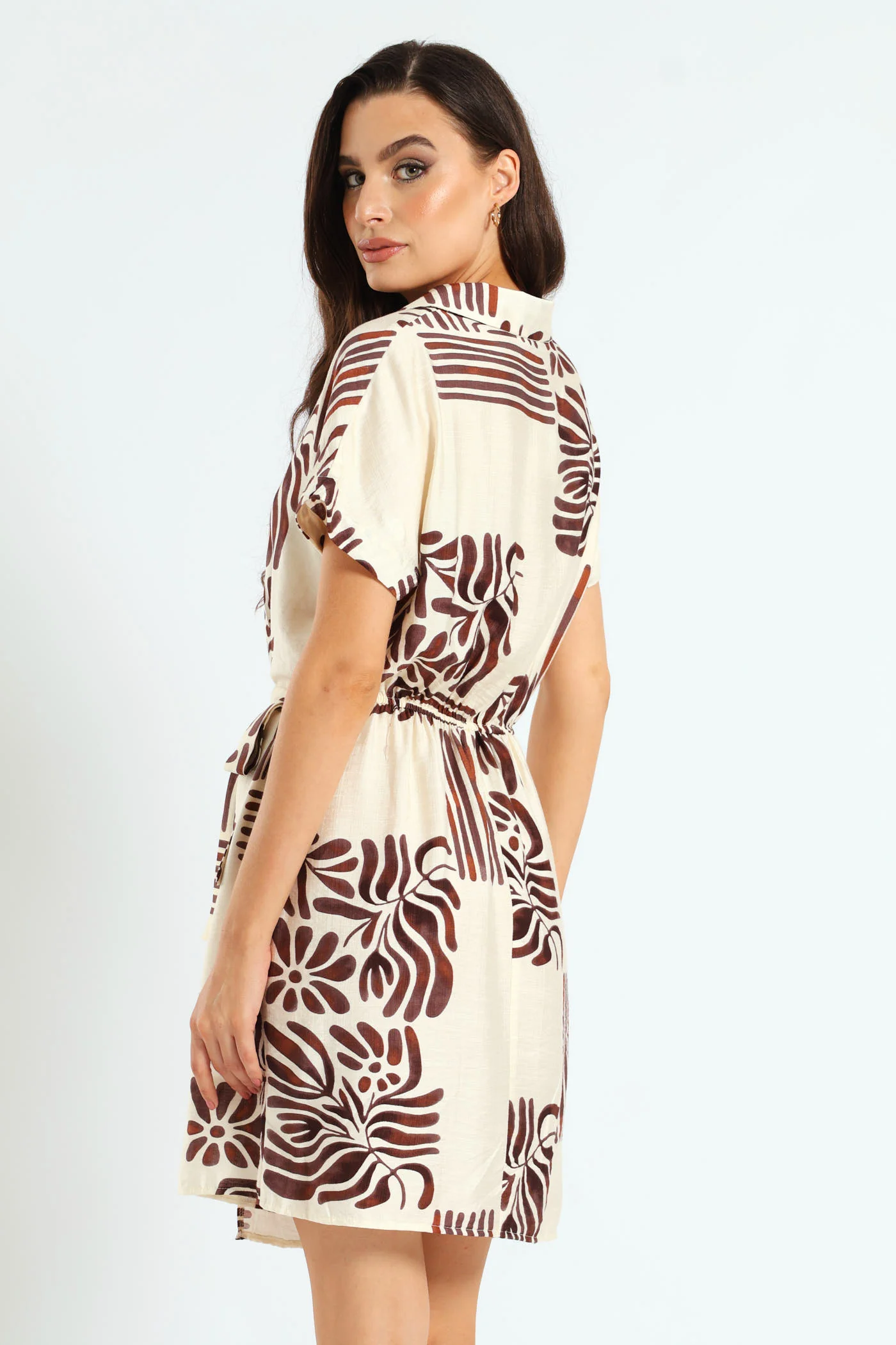 Half Placket Linen Wrap Mini Dress - Cream/Black - Image 2