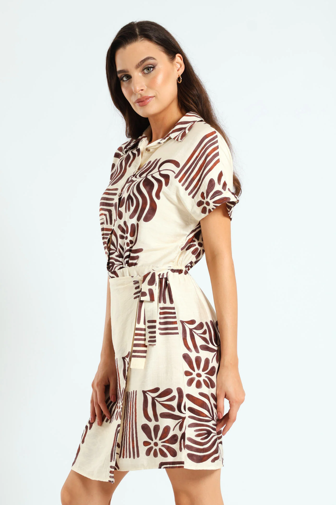 Half Placket Linen Wrap Mini Dress - Cream/Black - Image 3