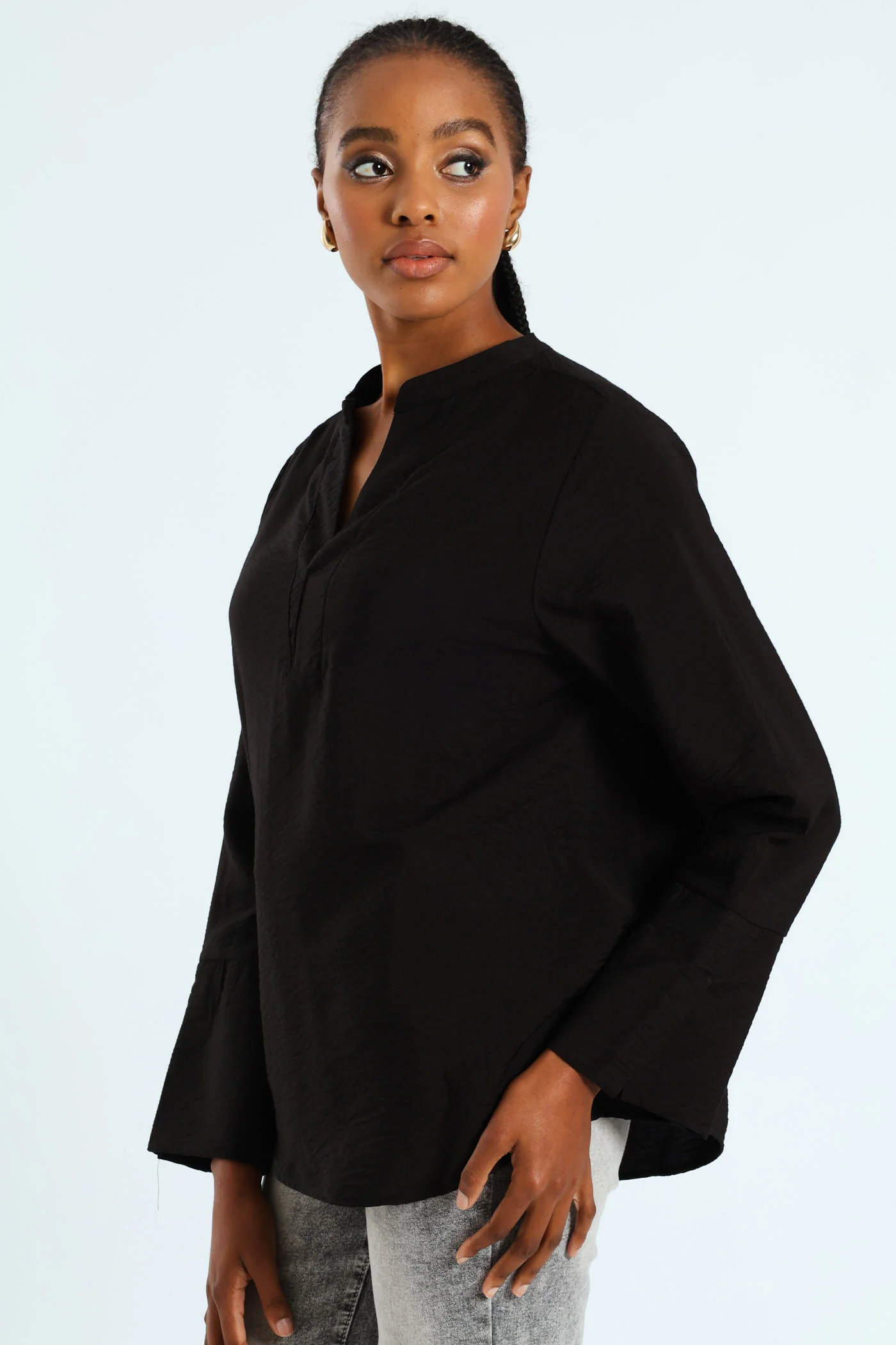 Half Placket Popover Blouse - Black - Image 2