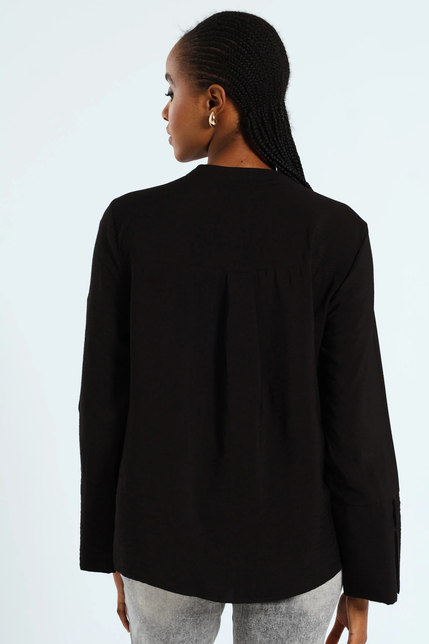 Half Placket Popover Blouse - Black - Image 3