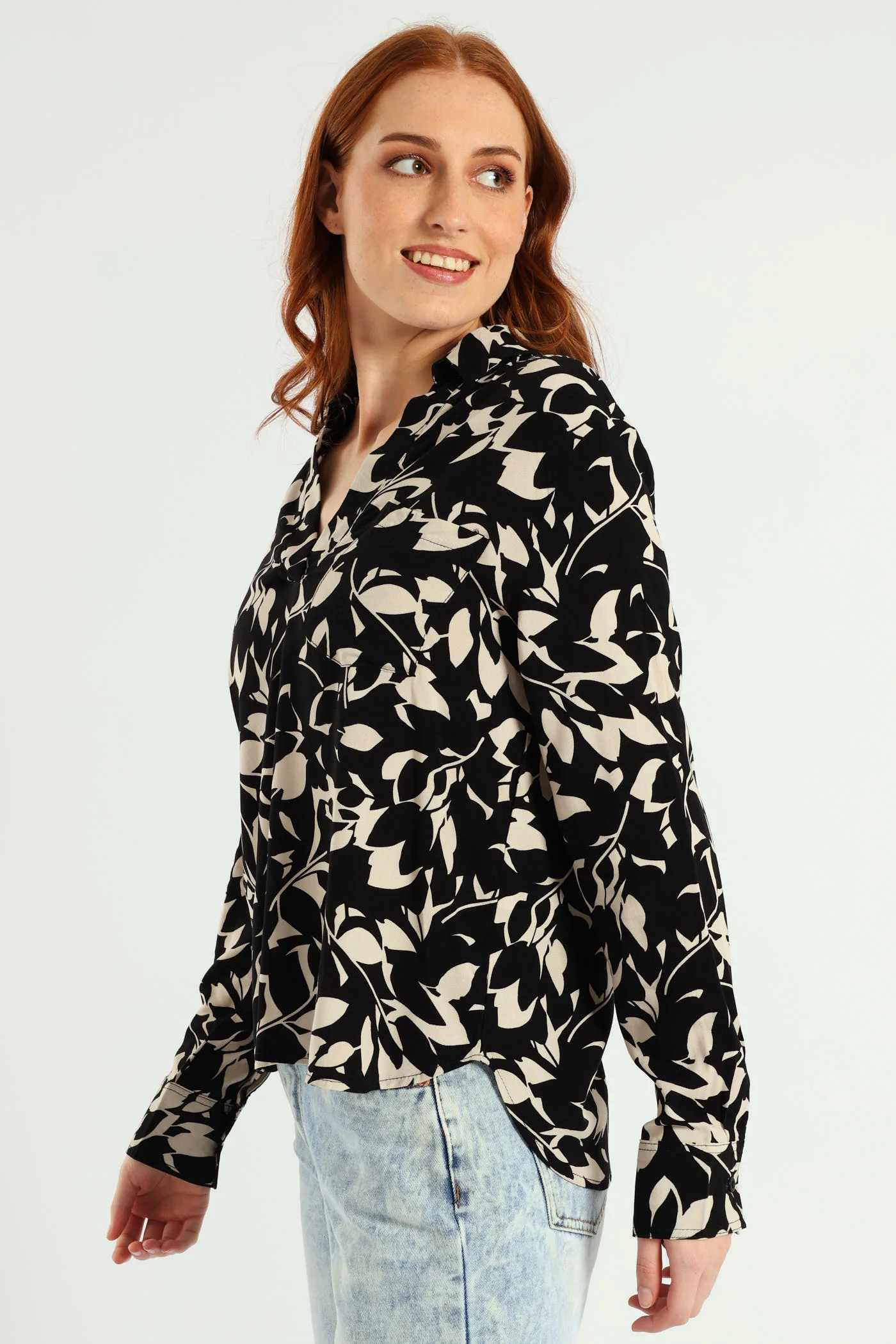 Half Placket Printed Popover Blouse - Black/Cream - Image 2