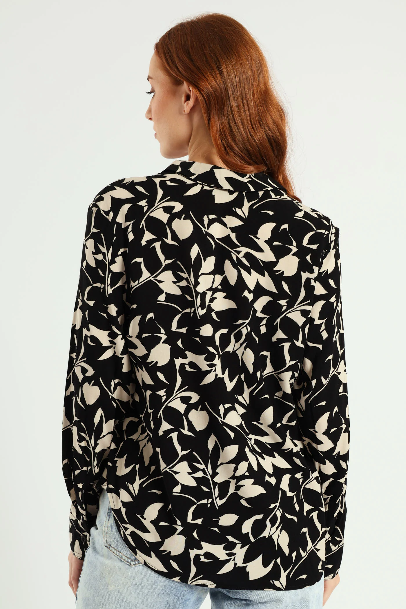 Half Placket Printed Popover Blouse - Black/Cream - Image 3