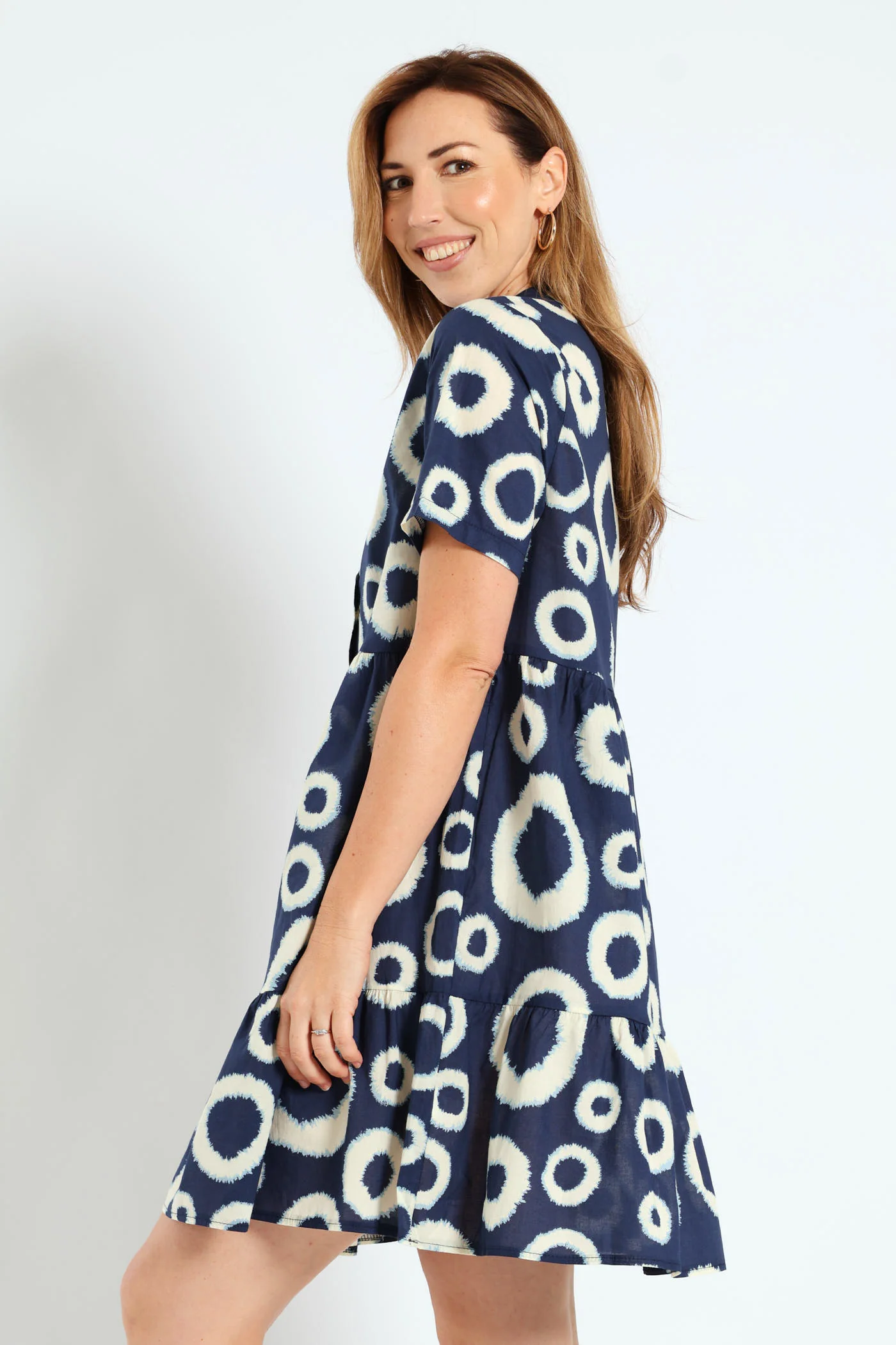 Half Placket Tiered Dress - White/Navy - Image 3