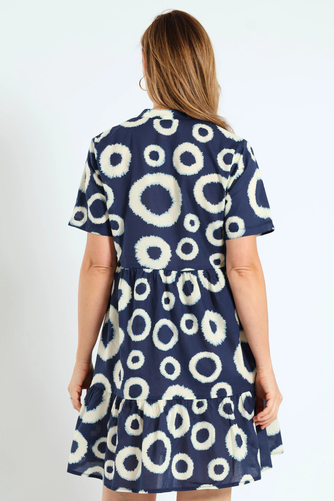 Half Placket Tiered Dress - White/Navy - Image 4