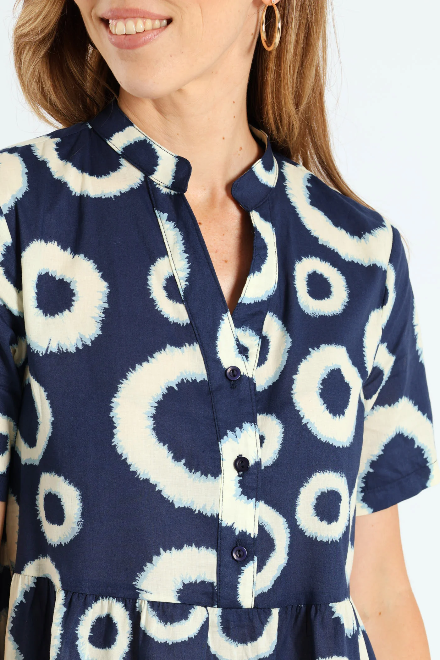 Half Placket Tiered Dress - White/Navy - Image 5