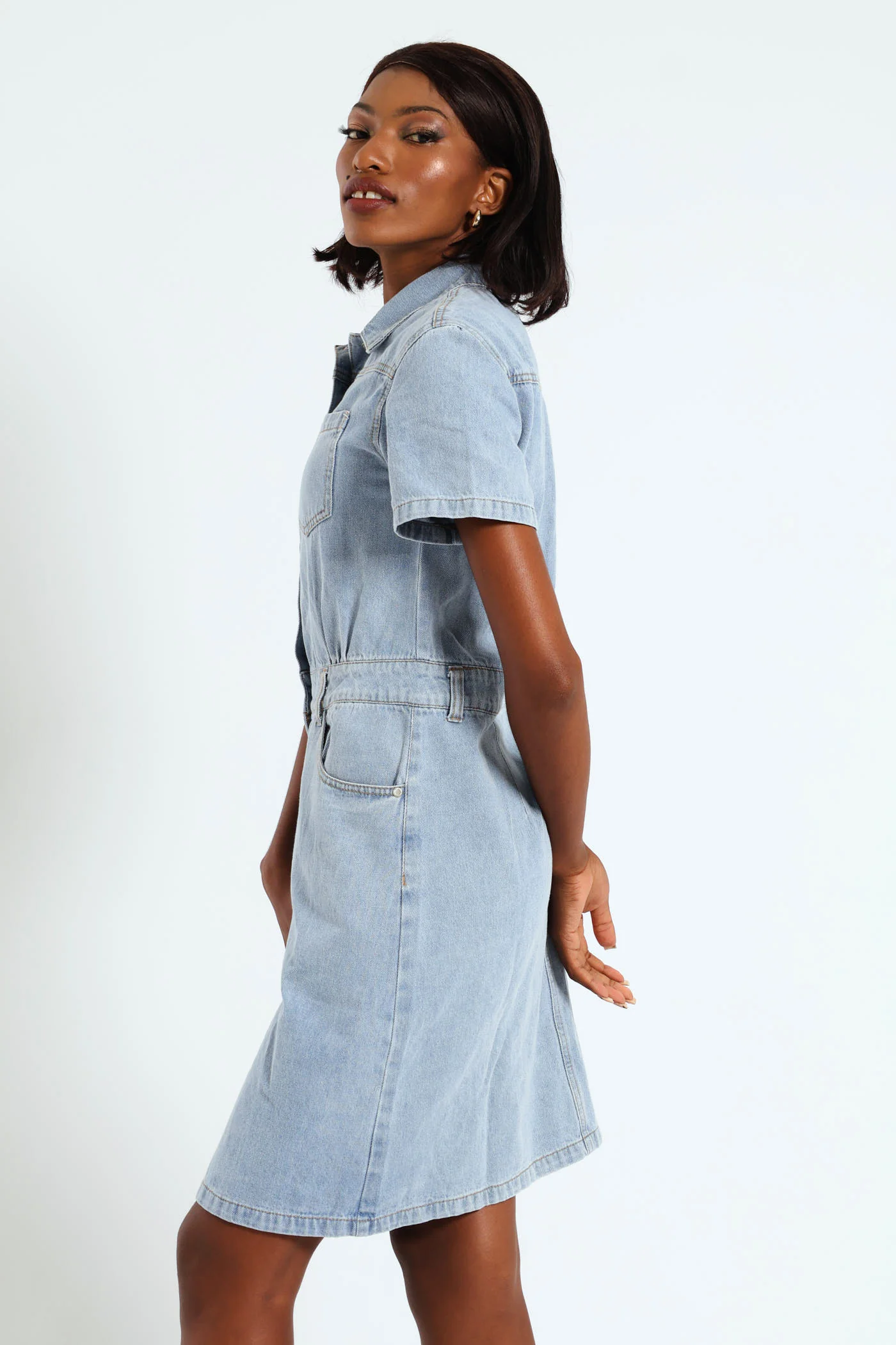 Half Placket Utility Denim Mini Dress - Light Wash - Image 2