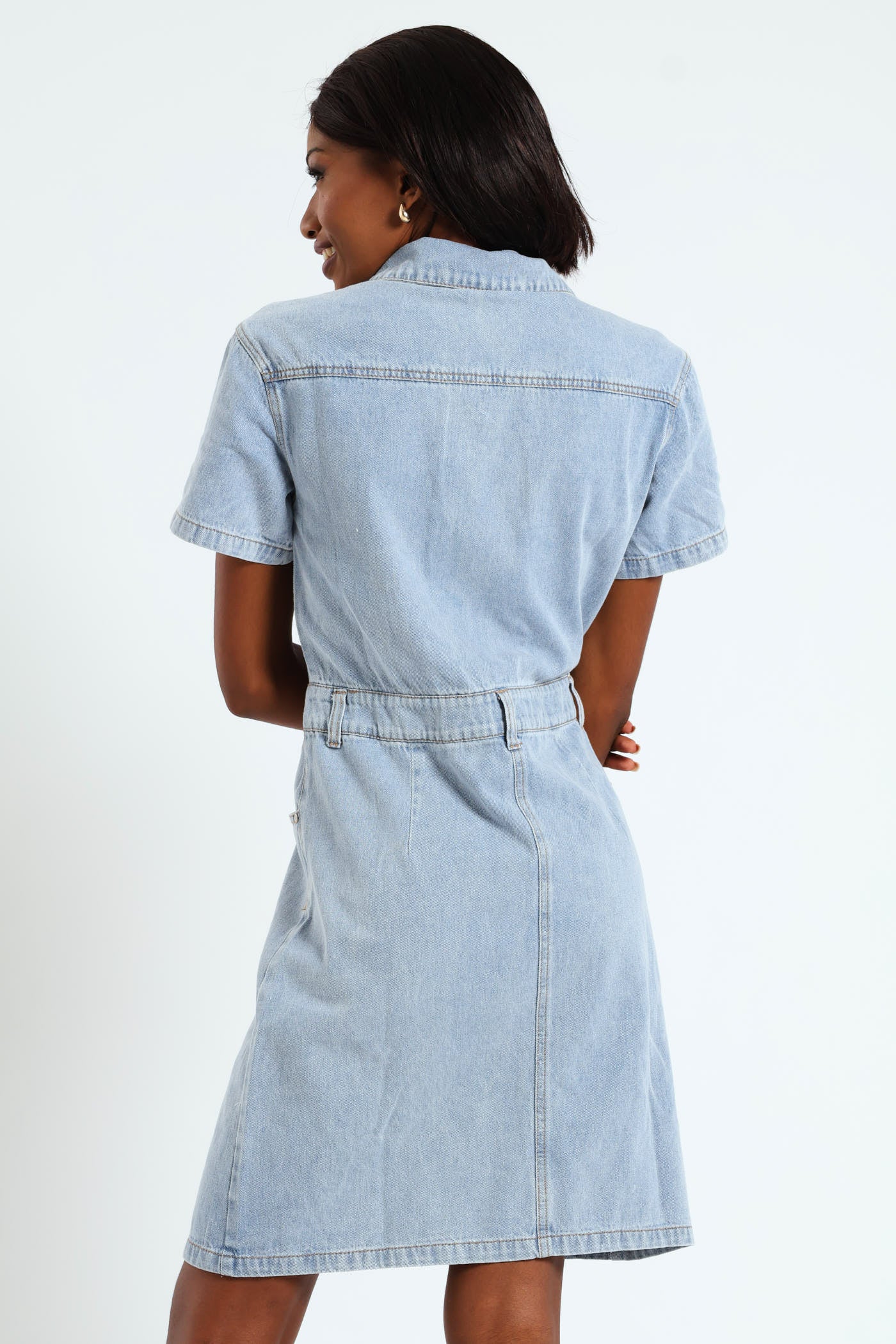 Half Placket Utility Denim Mini Dress - Light Wash - Image 3