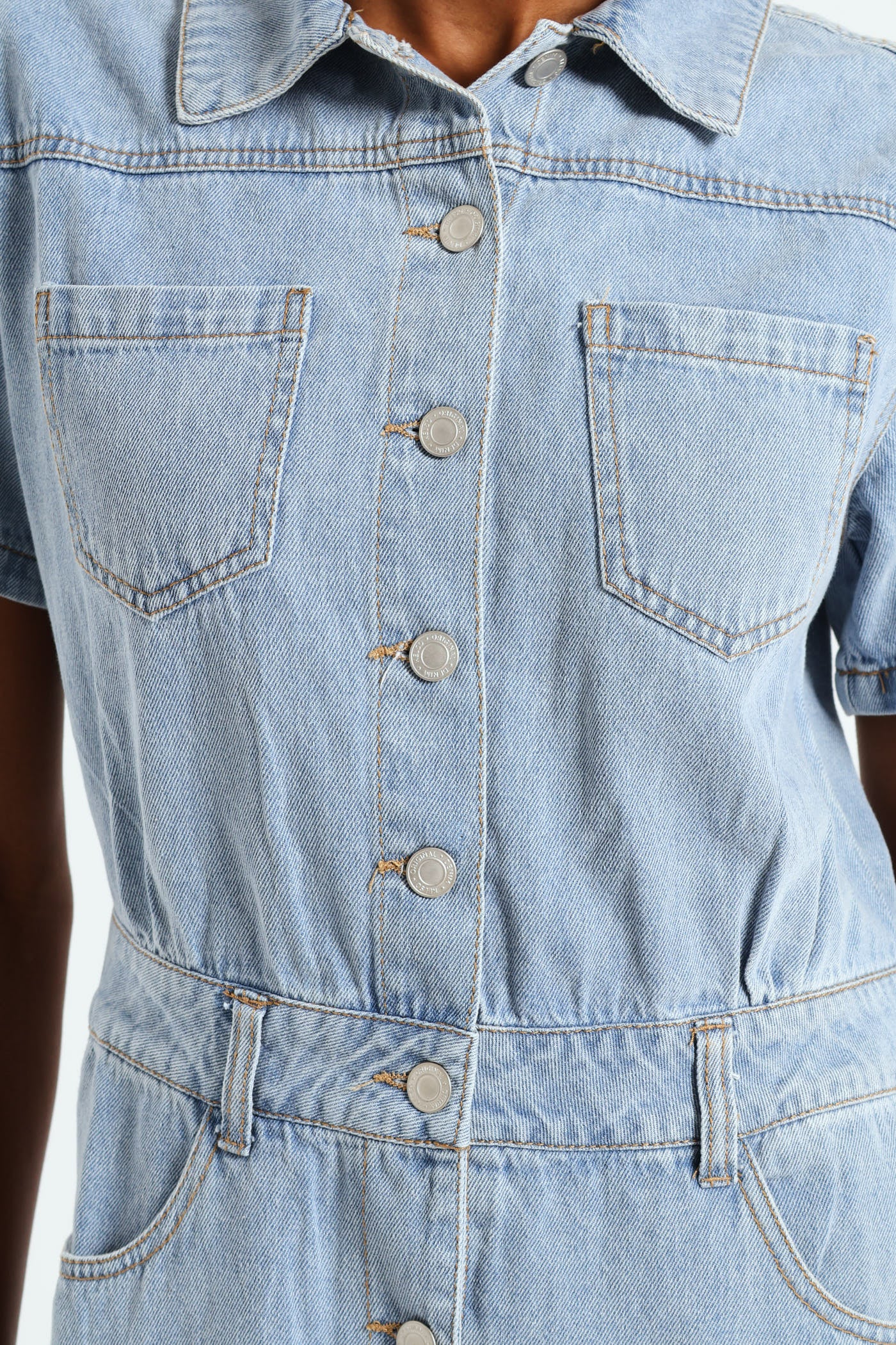 Half Placket Utility Denim Mini Dress - Light Wash - Image 4