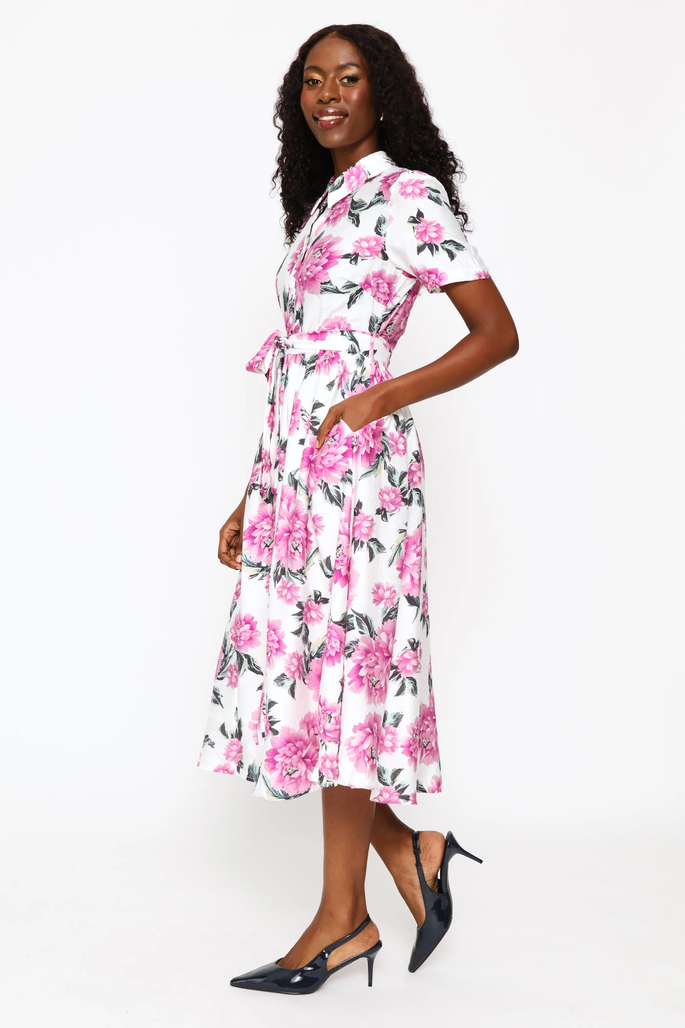 Half Sleeve Button Through Maxi Floral Dress - Pink - Image 2