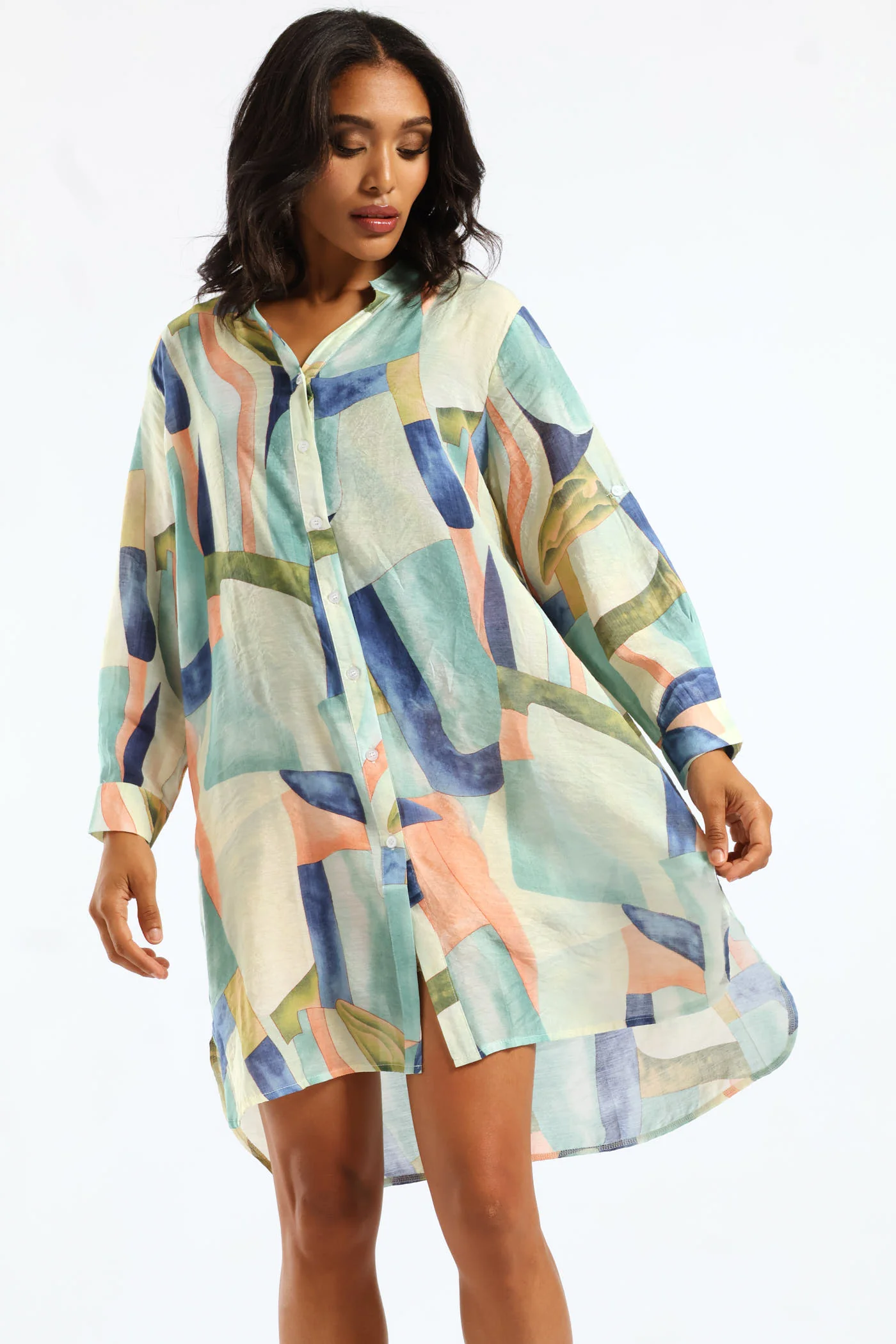 Half Sleeve Button Through Sheer Shirt Dress - Multi - Image 2