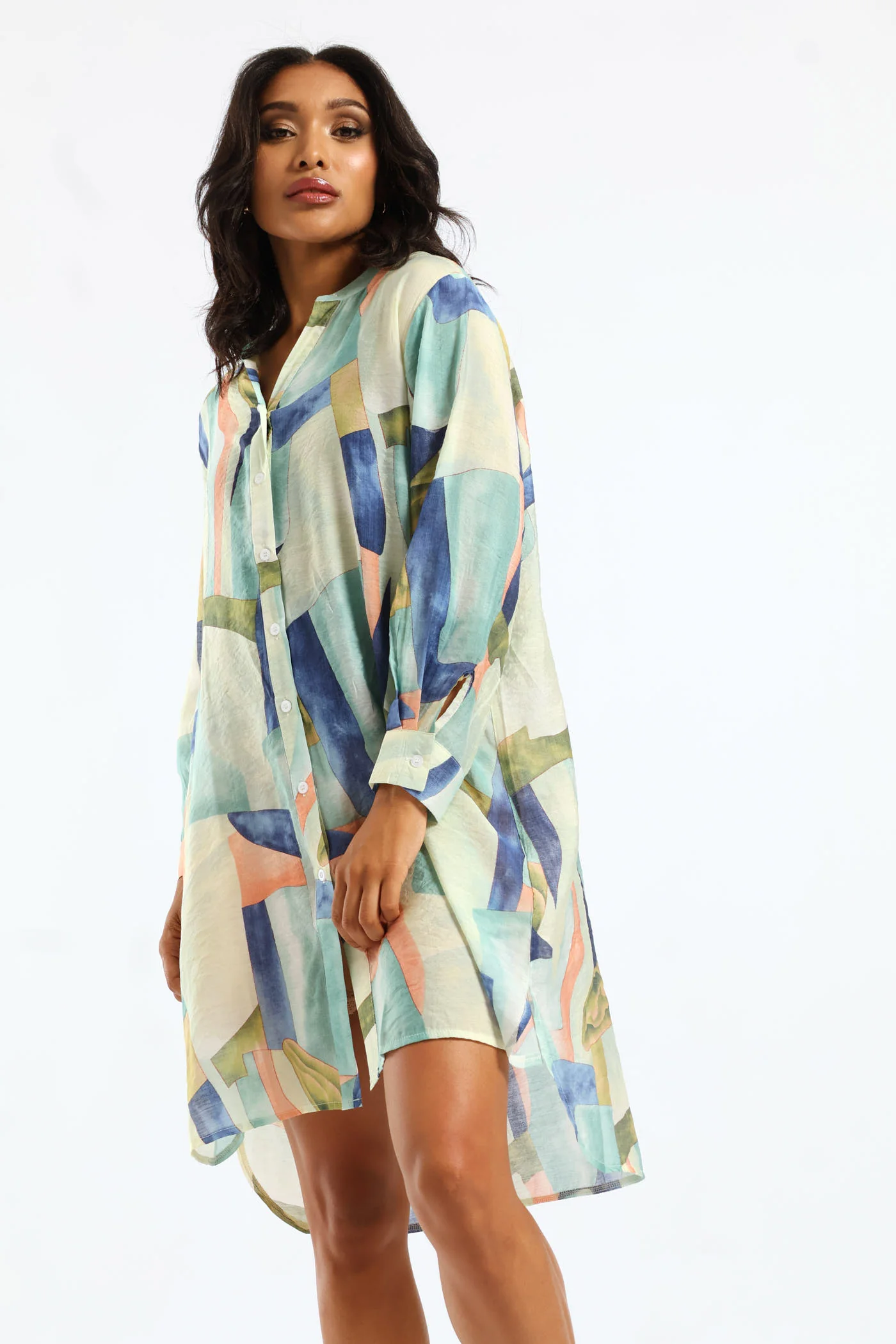 Half Sleeve Button Through Sheer Shirt Dress - Multi - Image 5