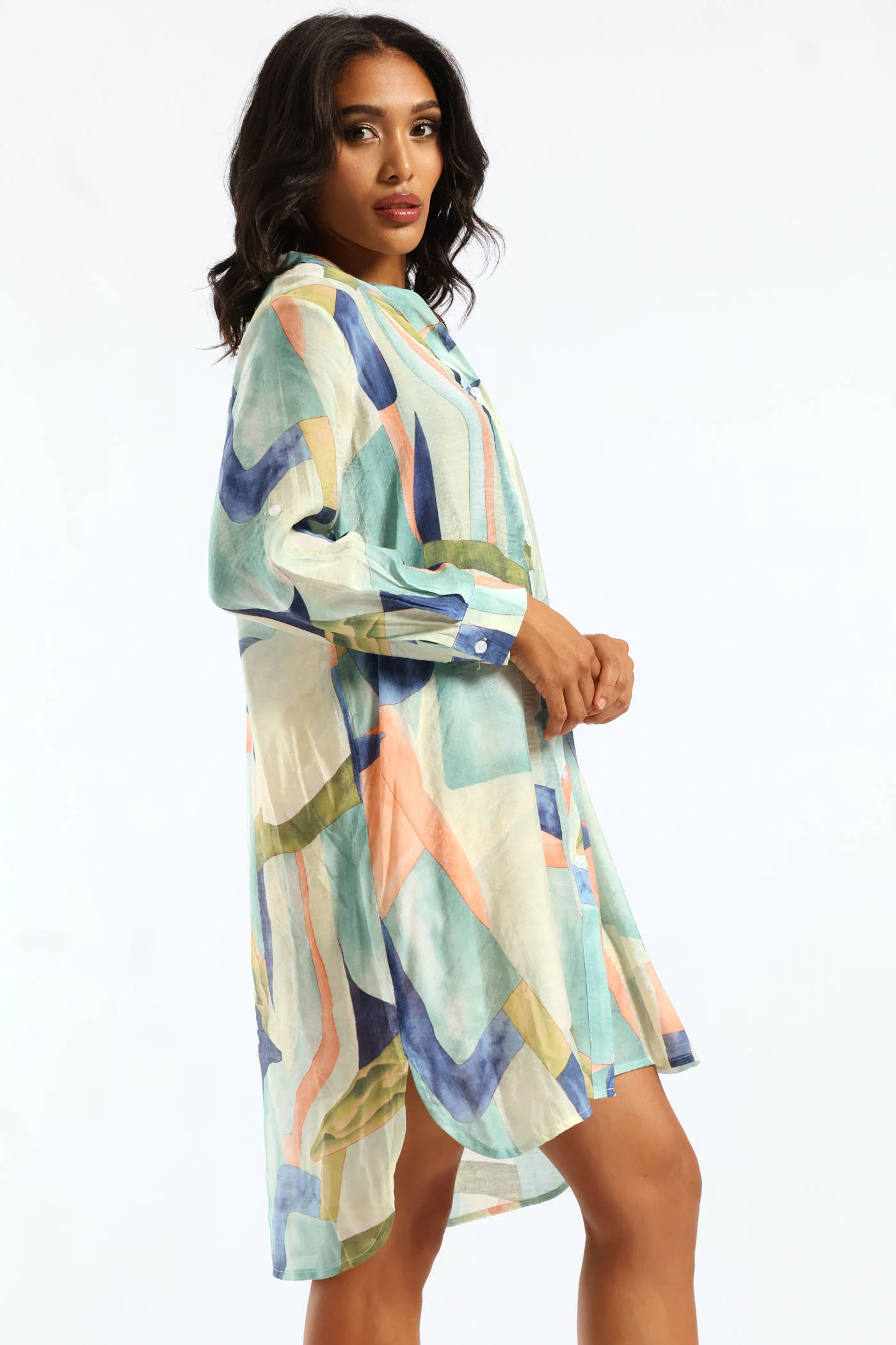 Half Sleeve Button Through Sheer Shirt Dress - Multi - Image 6
