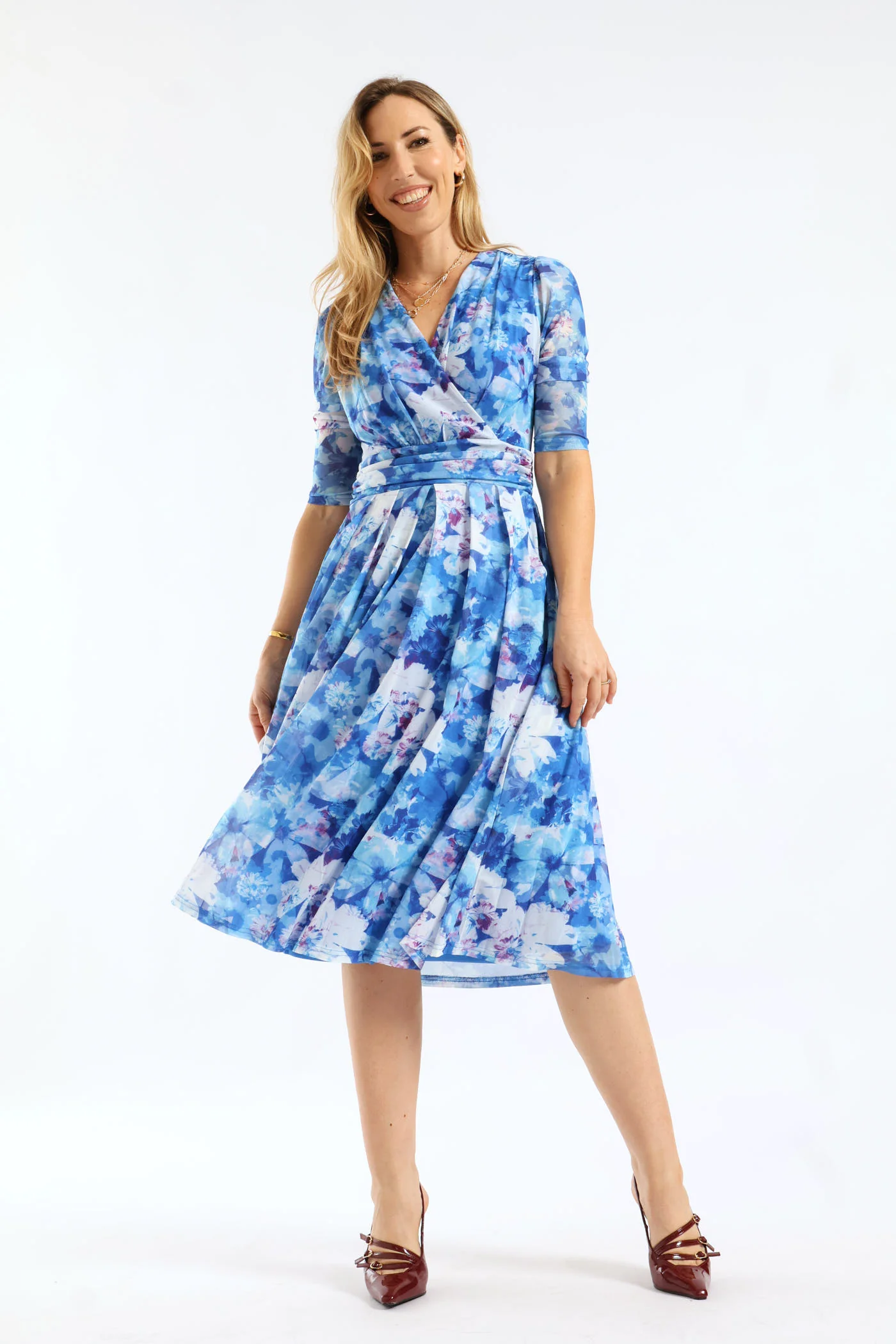 Half Sleeve Crossover V-Neck Midi Mesh Dress - Blue - Image 3