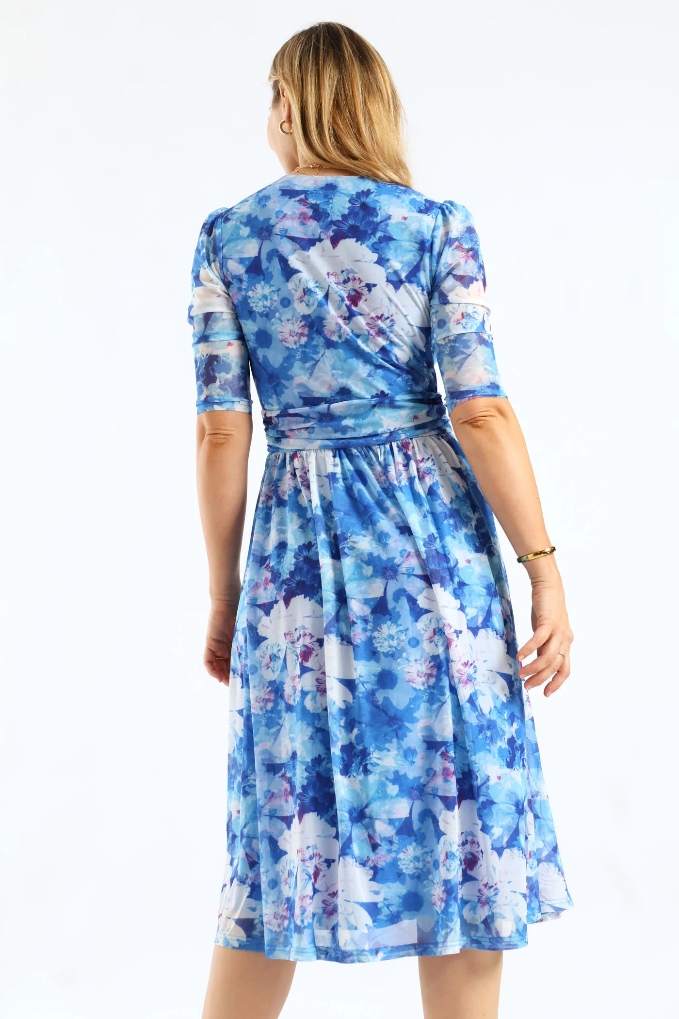 Half Sleeve Crossover V-Neck Midi Mesh Dress - Blue - Image 5