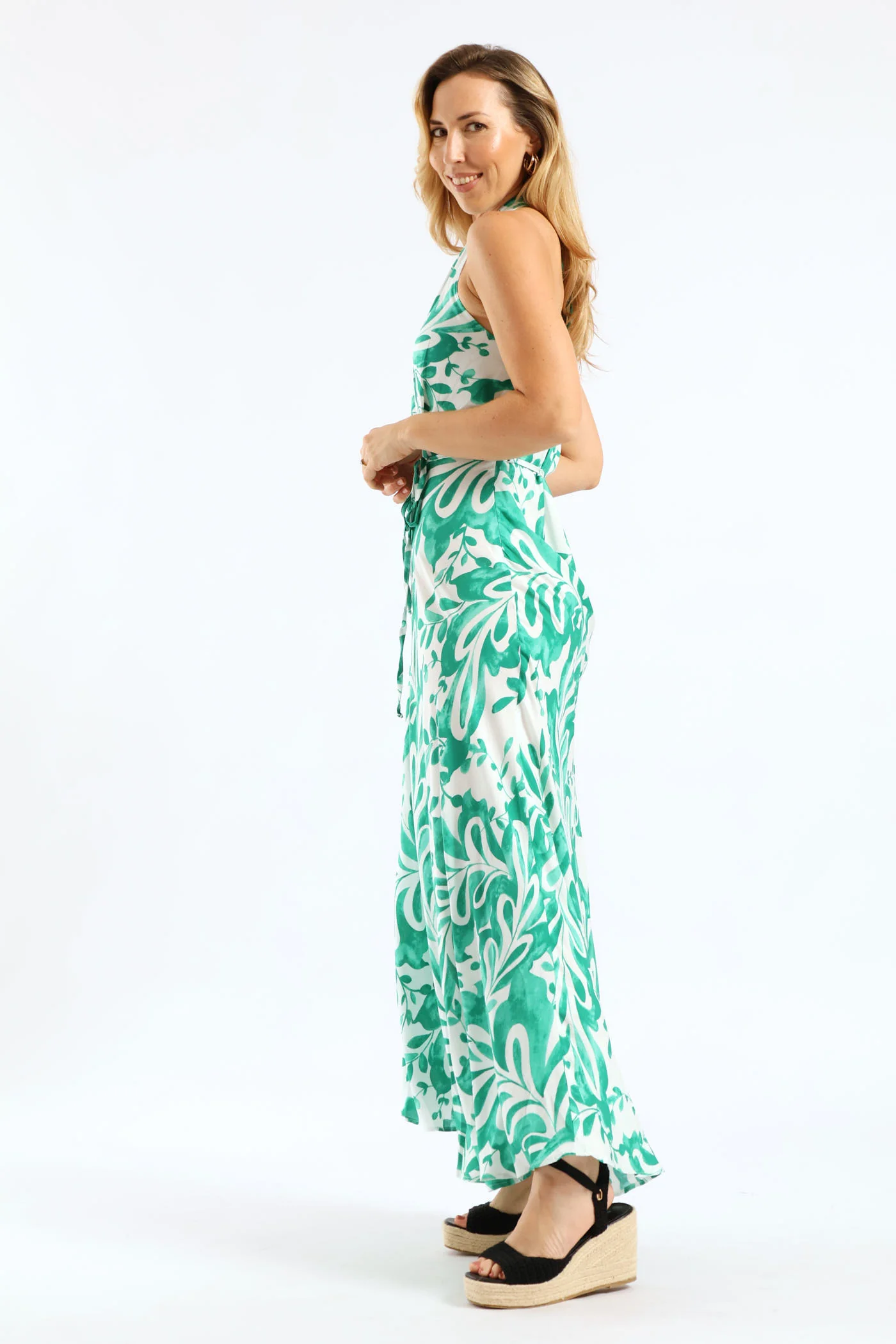 Halter Neck Fit & Flare Midaxi Sundress - White/Green - Image 3
