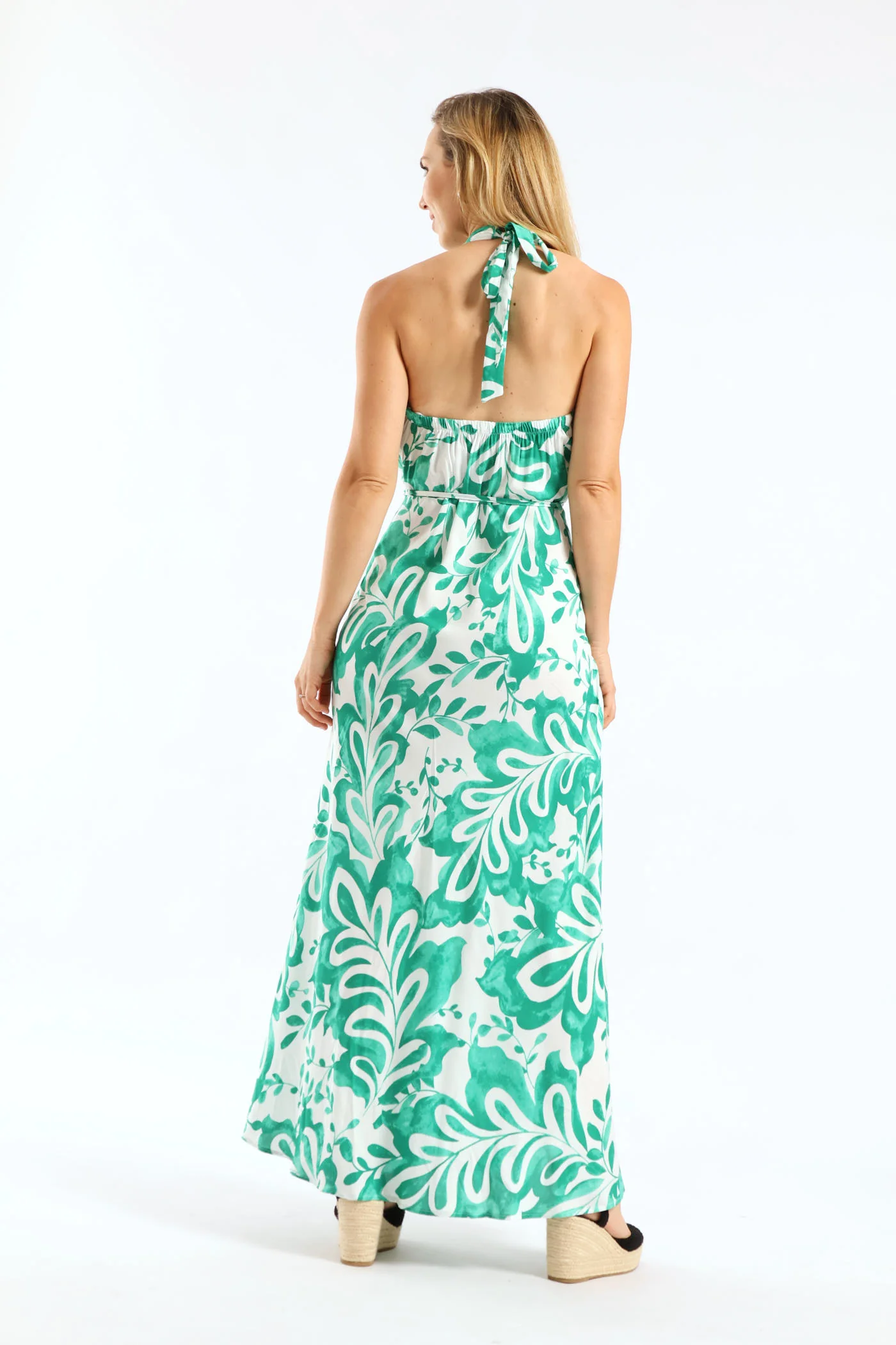 Halter Neck Fit & Flare Midaxi Sundress - White/Green - Image 4